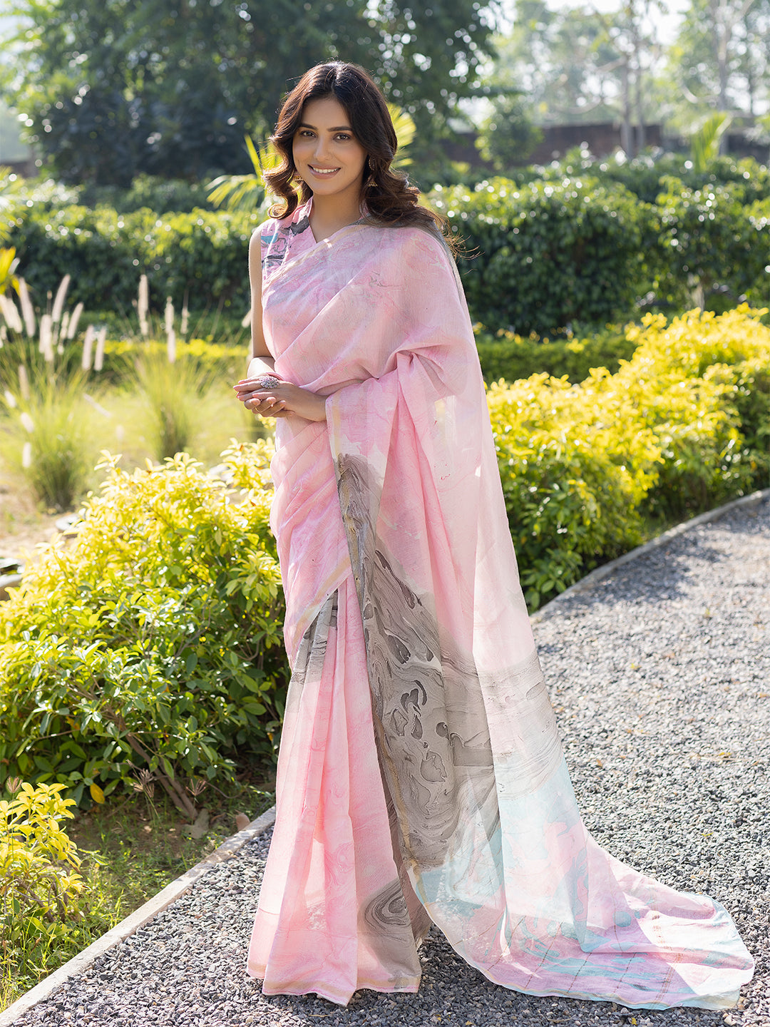 Smoky Salmon Marble Chanderi Saree - By Ragavi - qivii