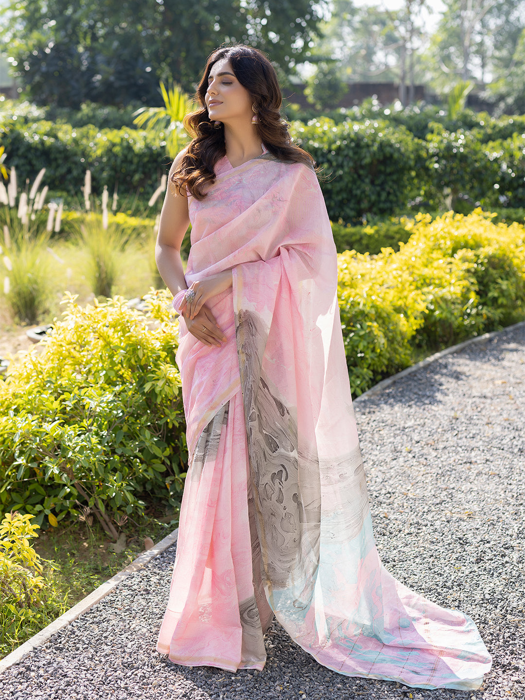 Smoky Salmon Marble Chanderi Saree - By Ragavi - qivii