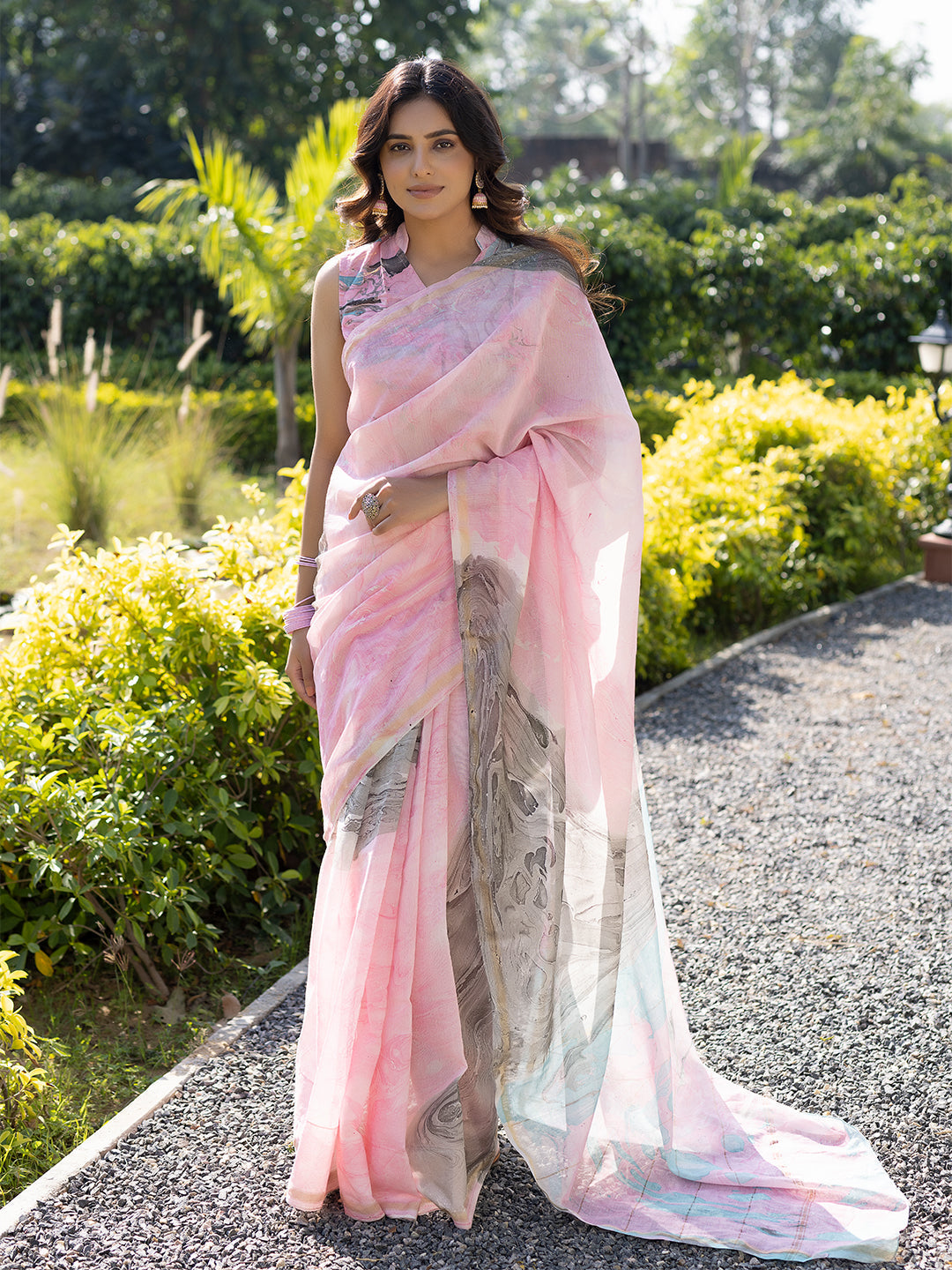 Smoky Salmon Marble Chanderi Saree - By Ragavi - qivii