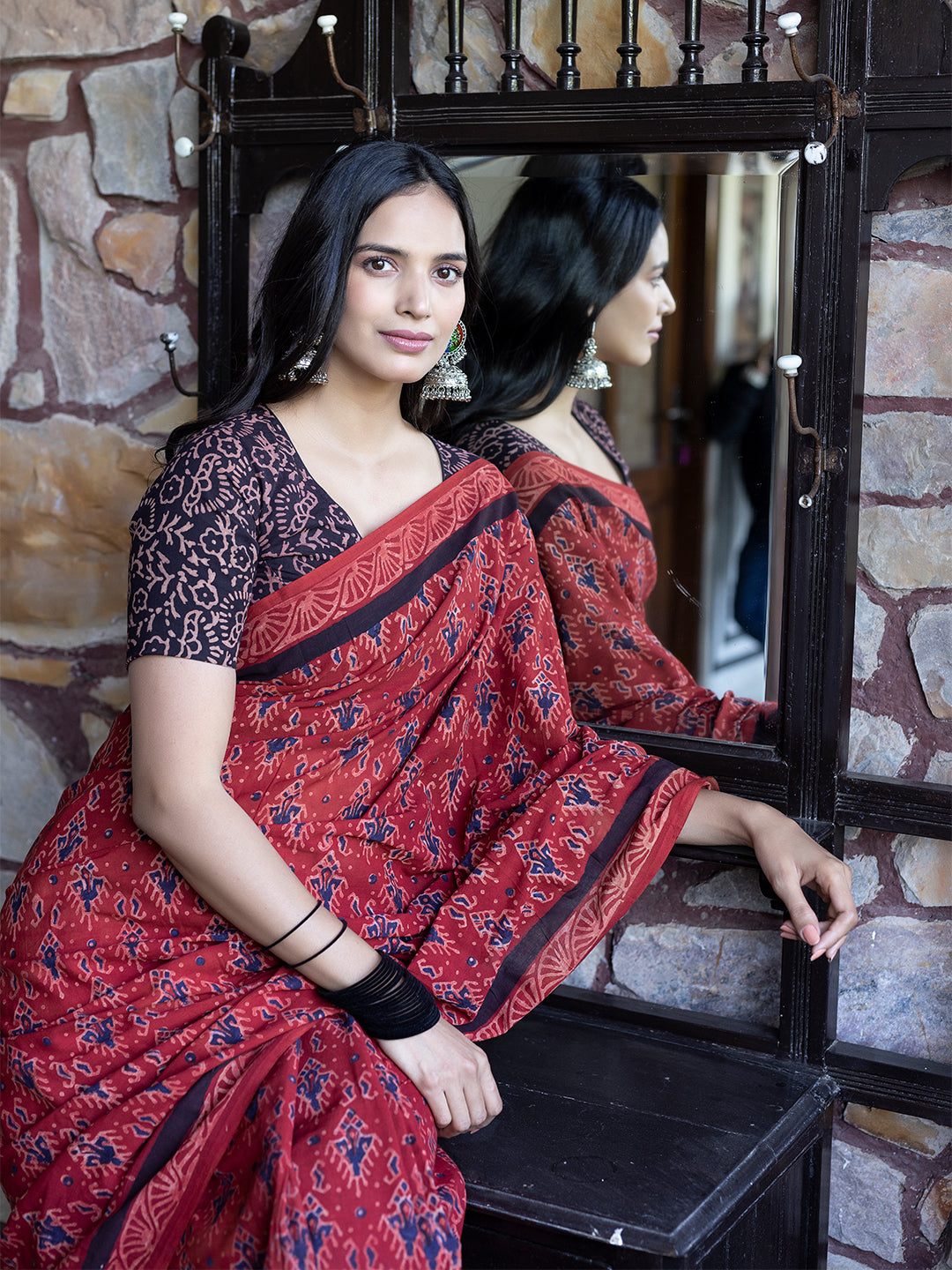 Cardinal Blue Ajrakh Cotton Saree