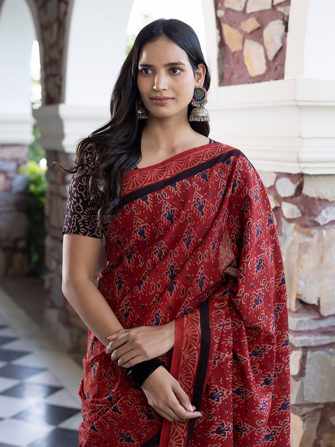 Cardinal Blue Ajrakh Cotton Saree