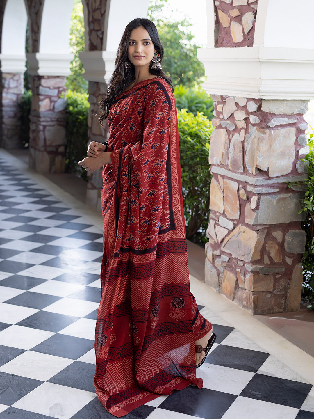 Cardinal Blue Ajrakh Cotton Saree