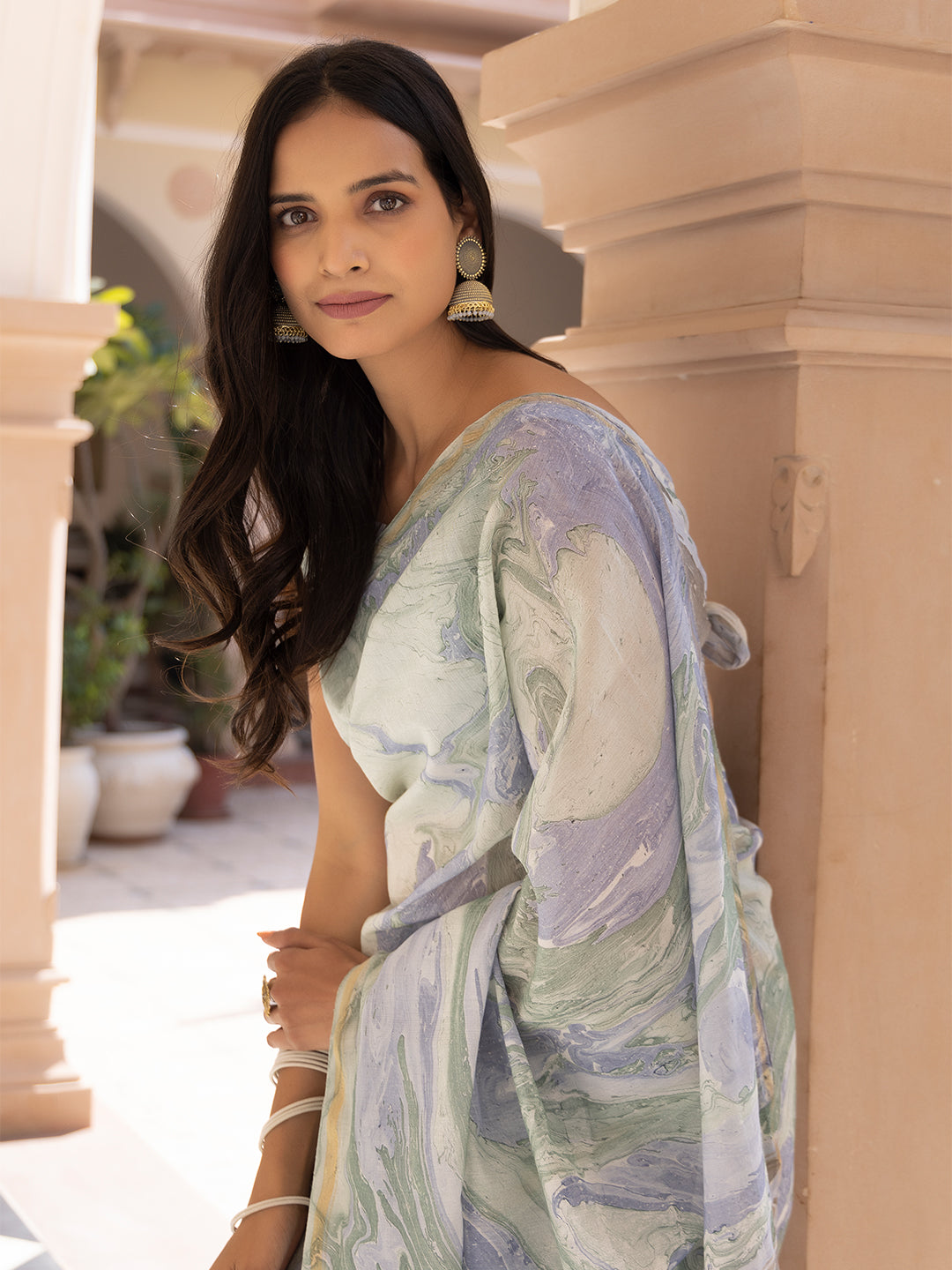 Sky-Blue Marble Chanderi Saree - By Ragavi - qivii