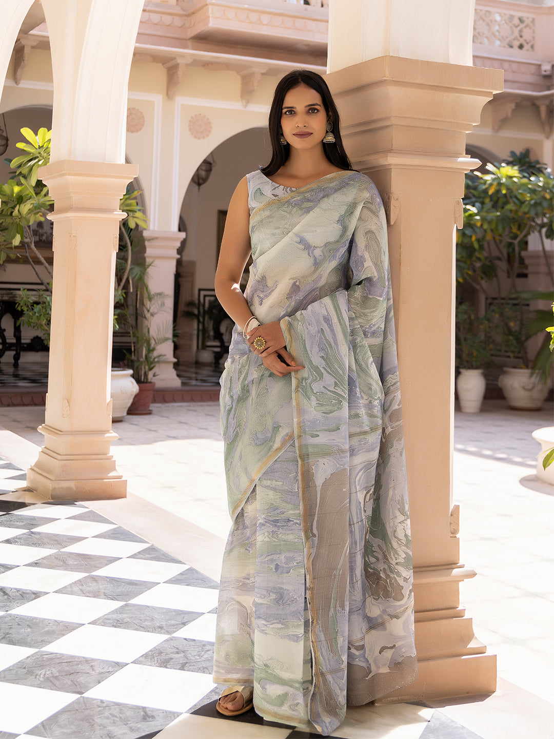 Sky-Blue Marble Chanderi Saree - By Ragavi - qivii