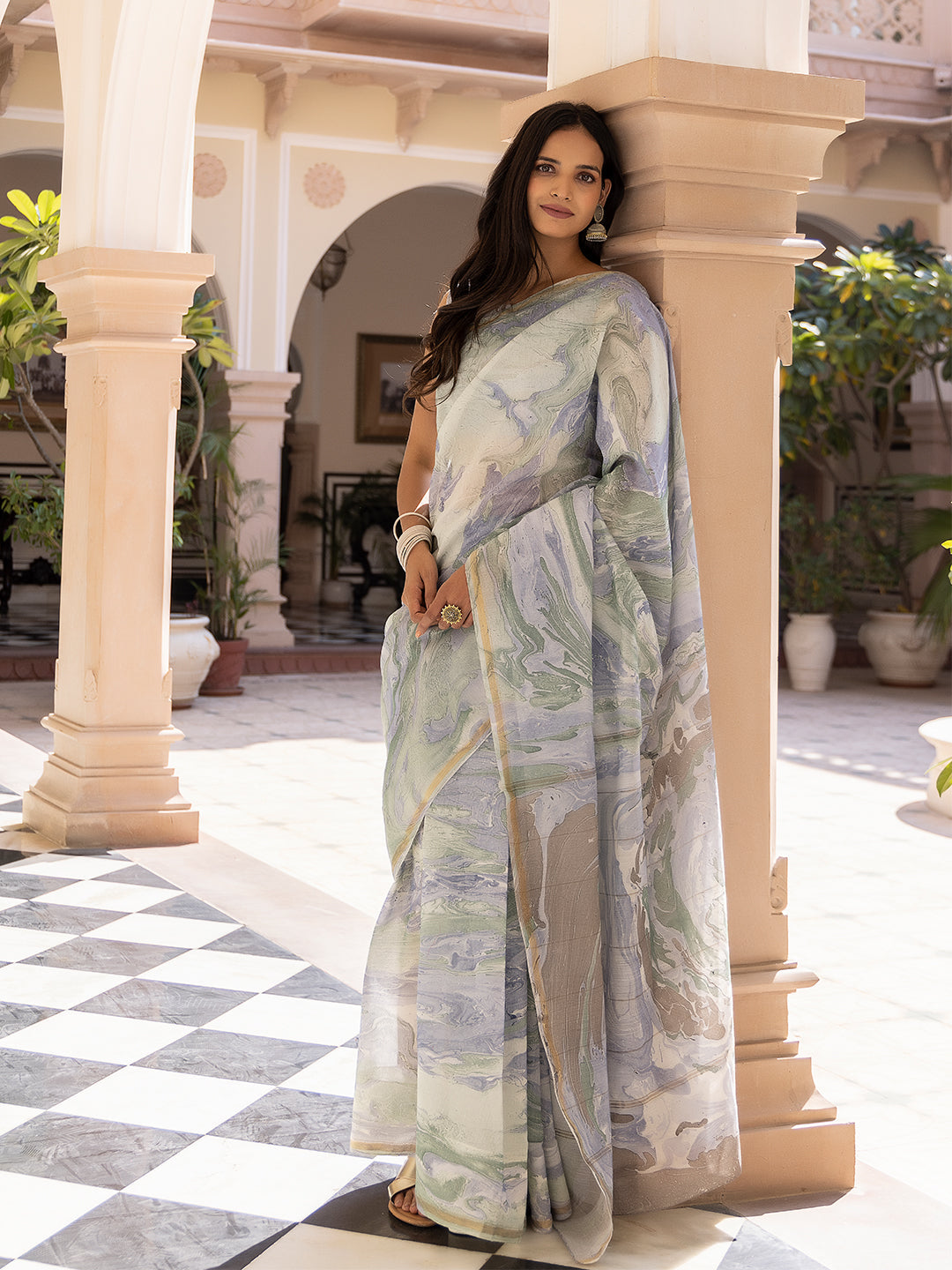 Sky-Blue Marble Chanderi Saree - By Ragavi - qivii