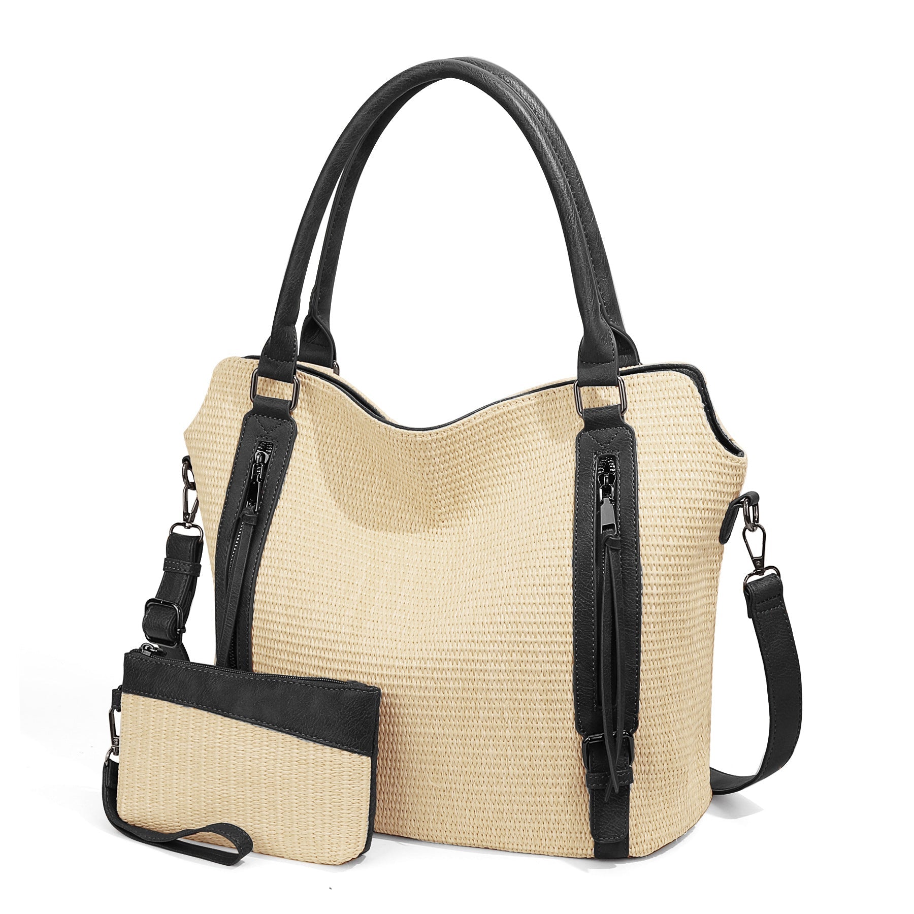 Ounamei Plaid Carry-All Hobo Tote Bag with Pouch for Women | PU Leather & Canvas Large-Capacity Shoulder & Crossbody Bag for Daily Use