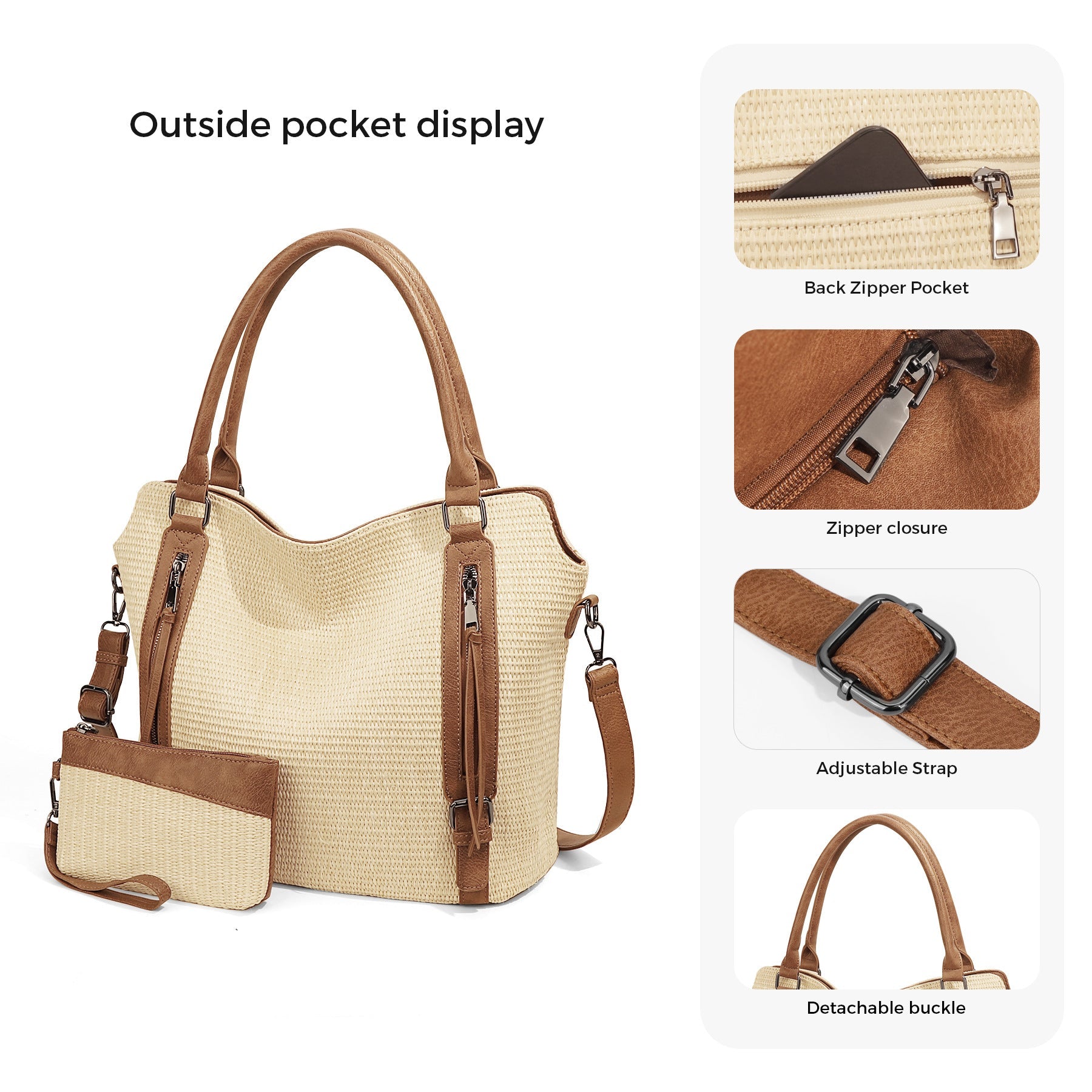 Ounamei Plaid Carry-All Hobo Tote Bag with Pouch for Women | PU Leather & Canvas Large-Capacity Shoulder & Crossbody Bag for Daily Use