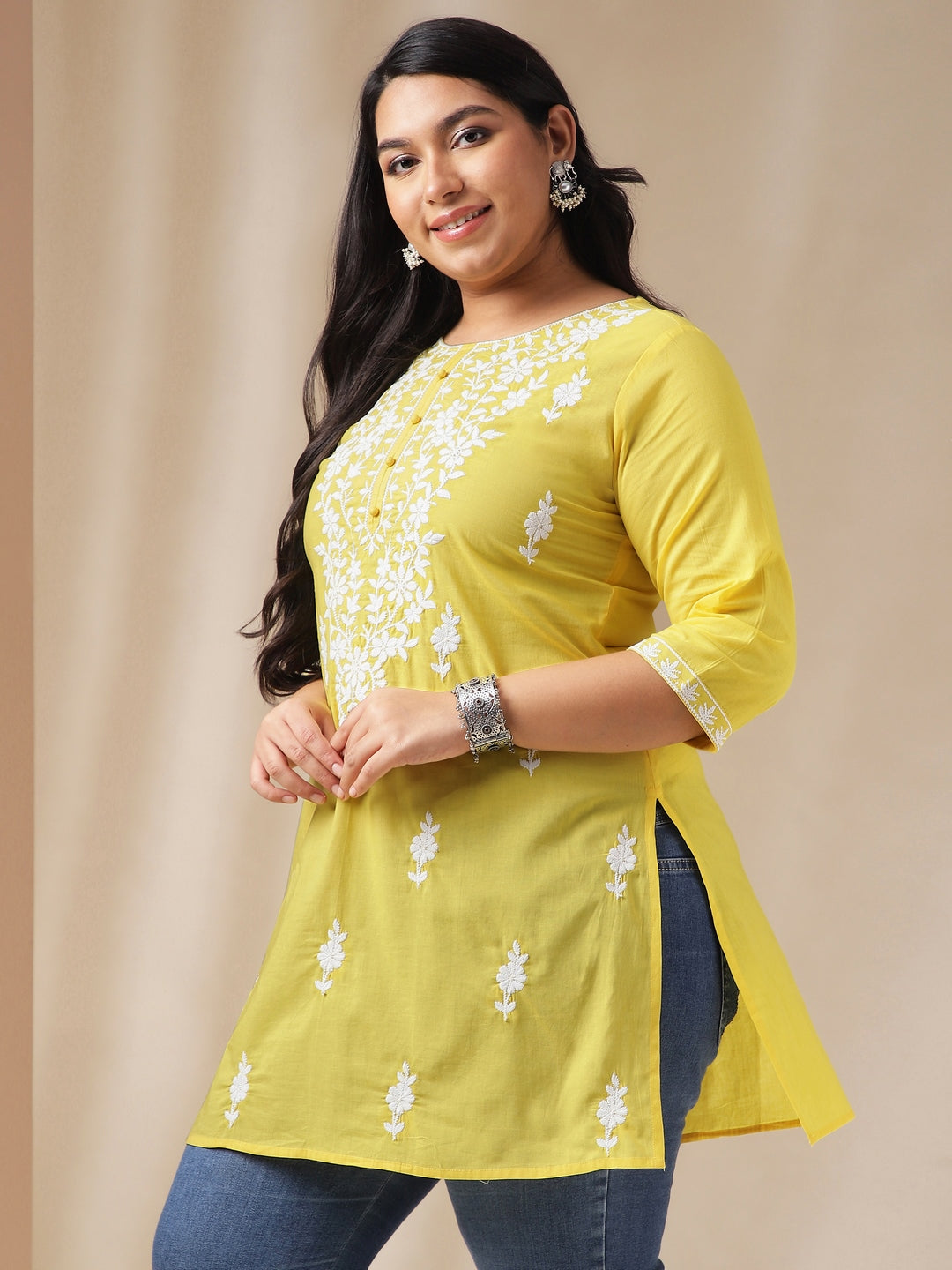 Plus Size Yellow Cotton Chikankari Regular Tunic - qivii