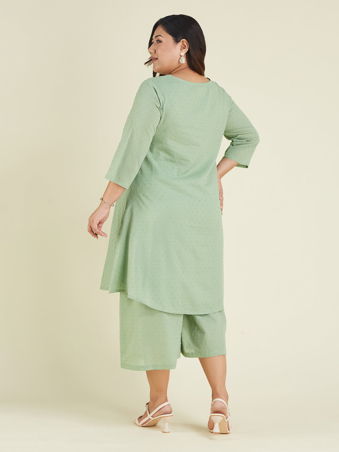 Janasya Women's Plus Size Green Dobby Pure Cotton Solid A-line Kurta Set - qivii