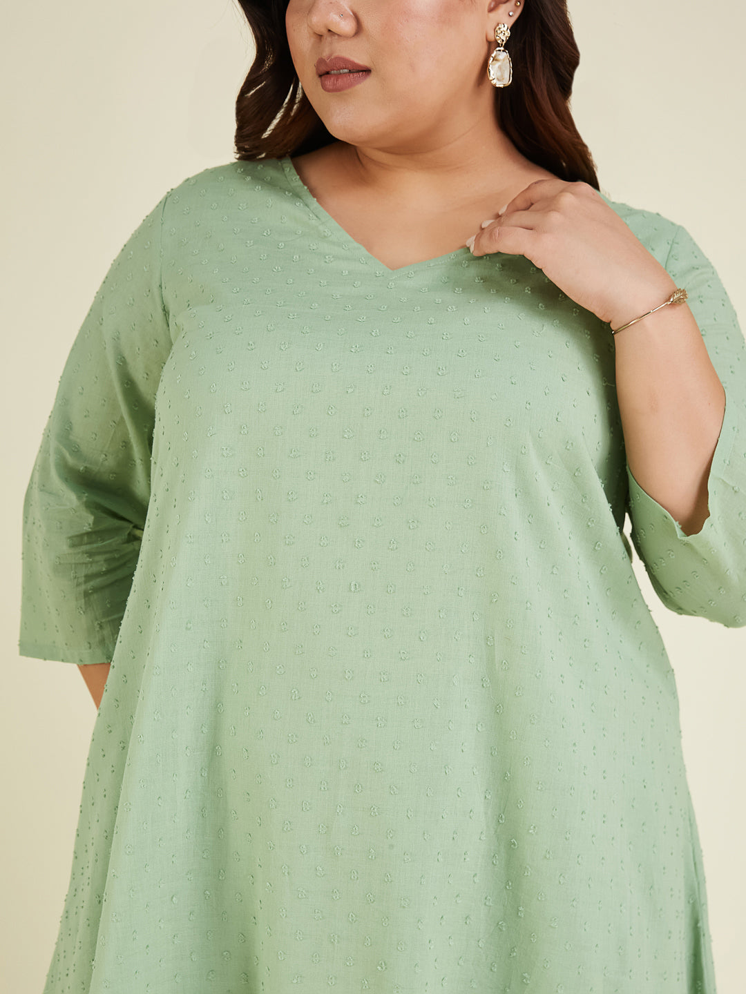 Janasya Women's Plus Size Green Dobby Pure Cotton Solid A-line Kurta Set - qivii
