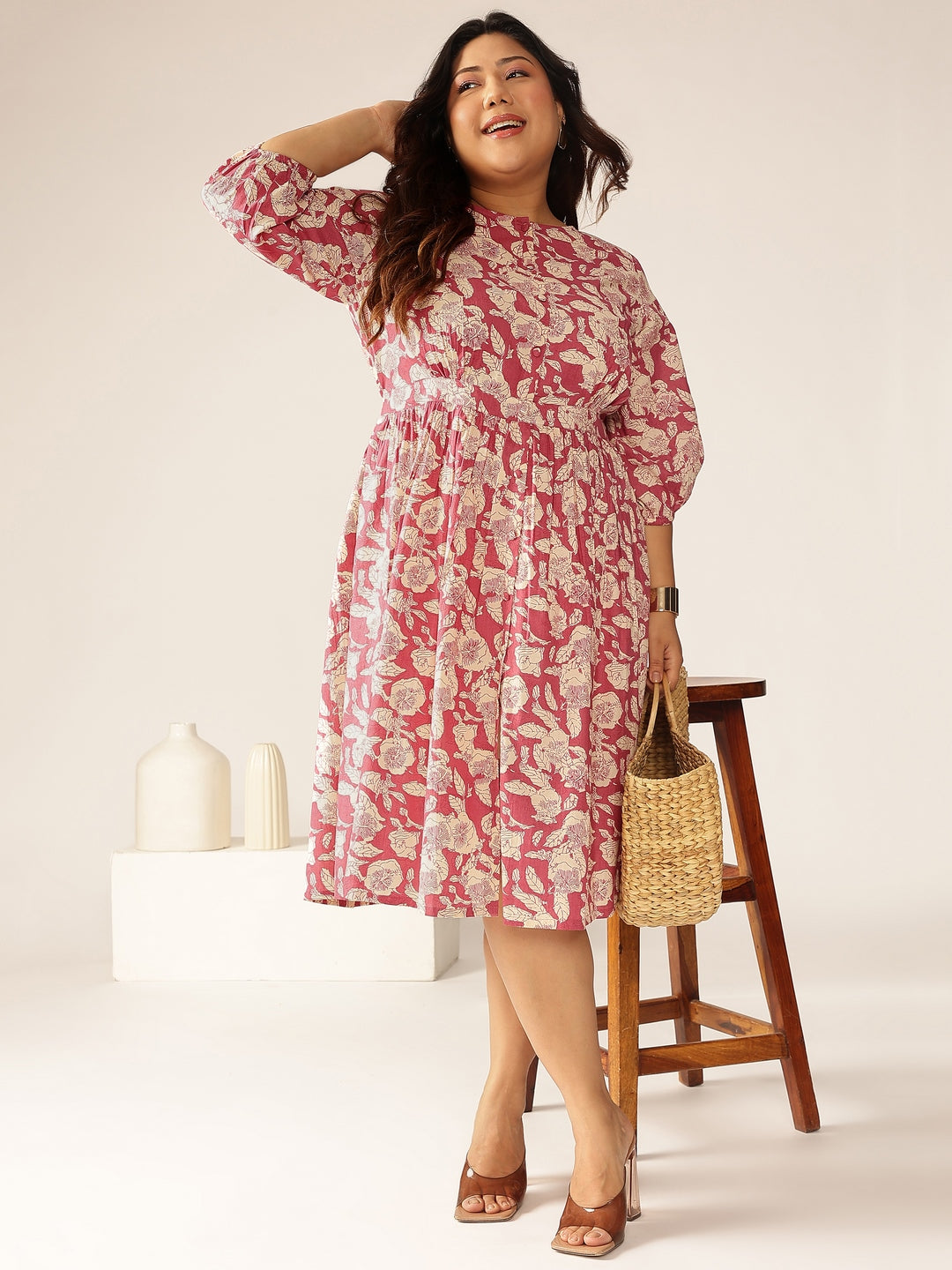 Plus Size Mauve Pure Cotton Floral Printed Gathered Dress - qivii