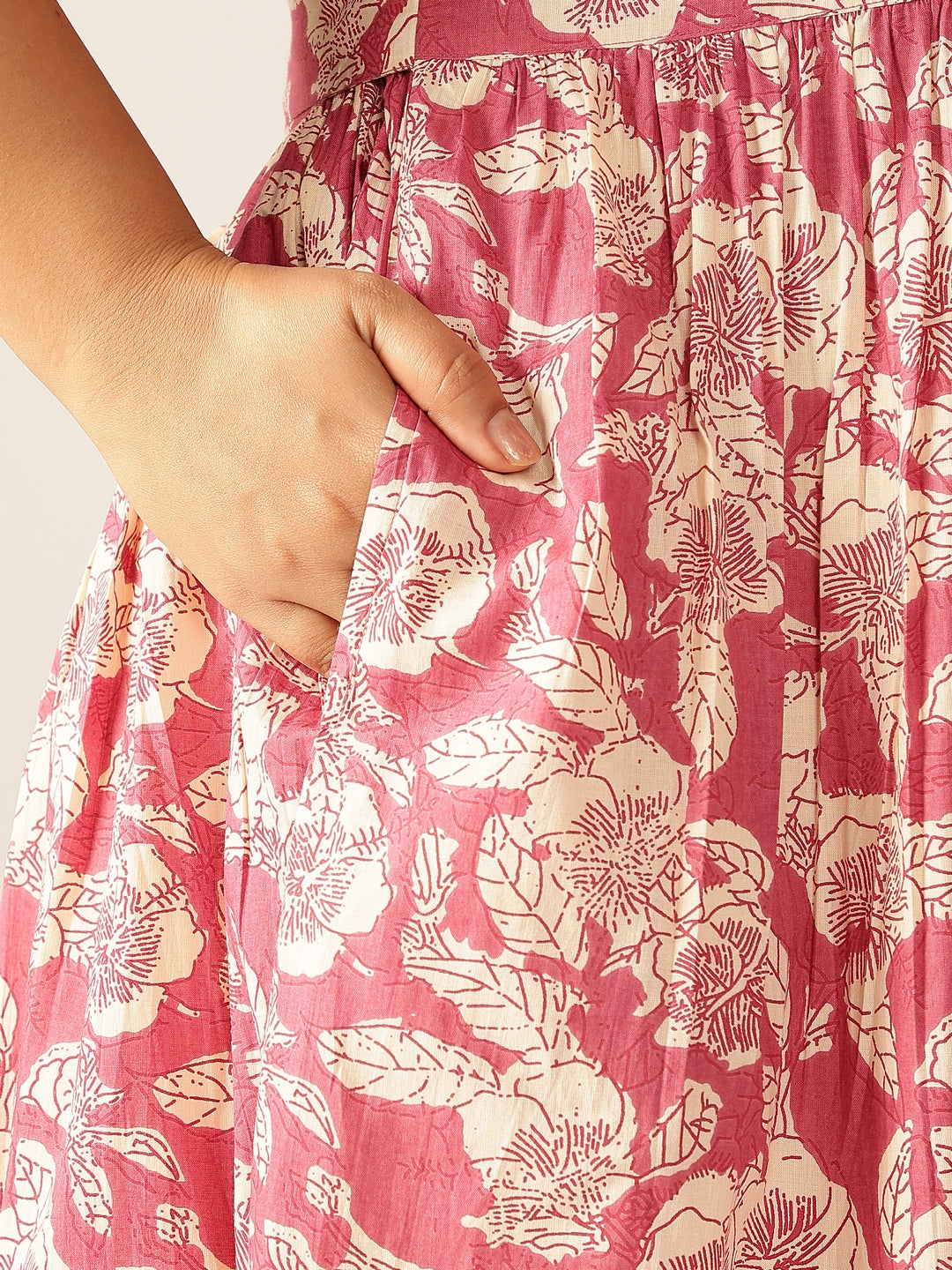 Plus Size Mauve Pure Cotton Floral Printed Gathered Dress - qivii