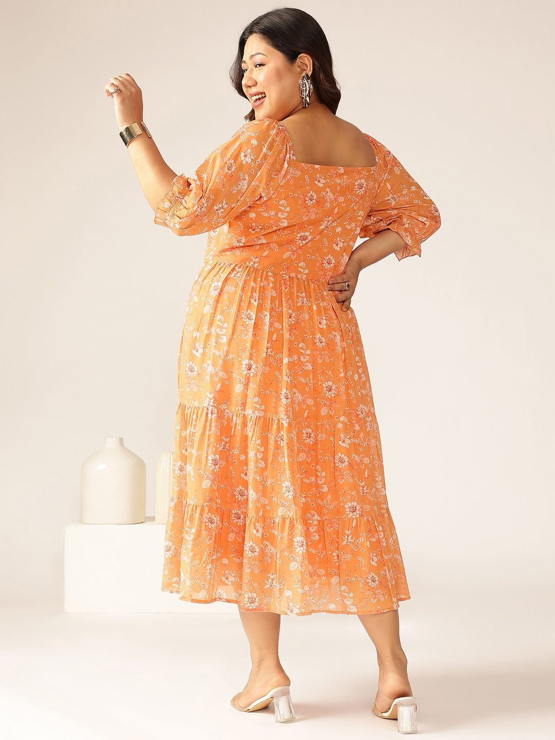Plus Size Orange Georgette Floral Printed Tiered Dress - qivii