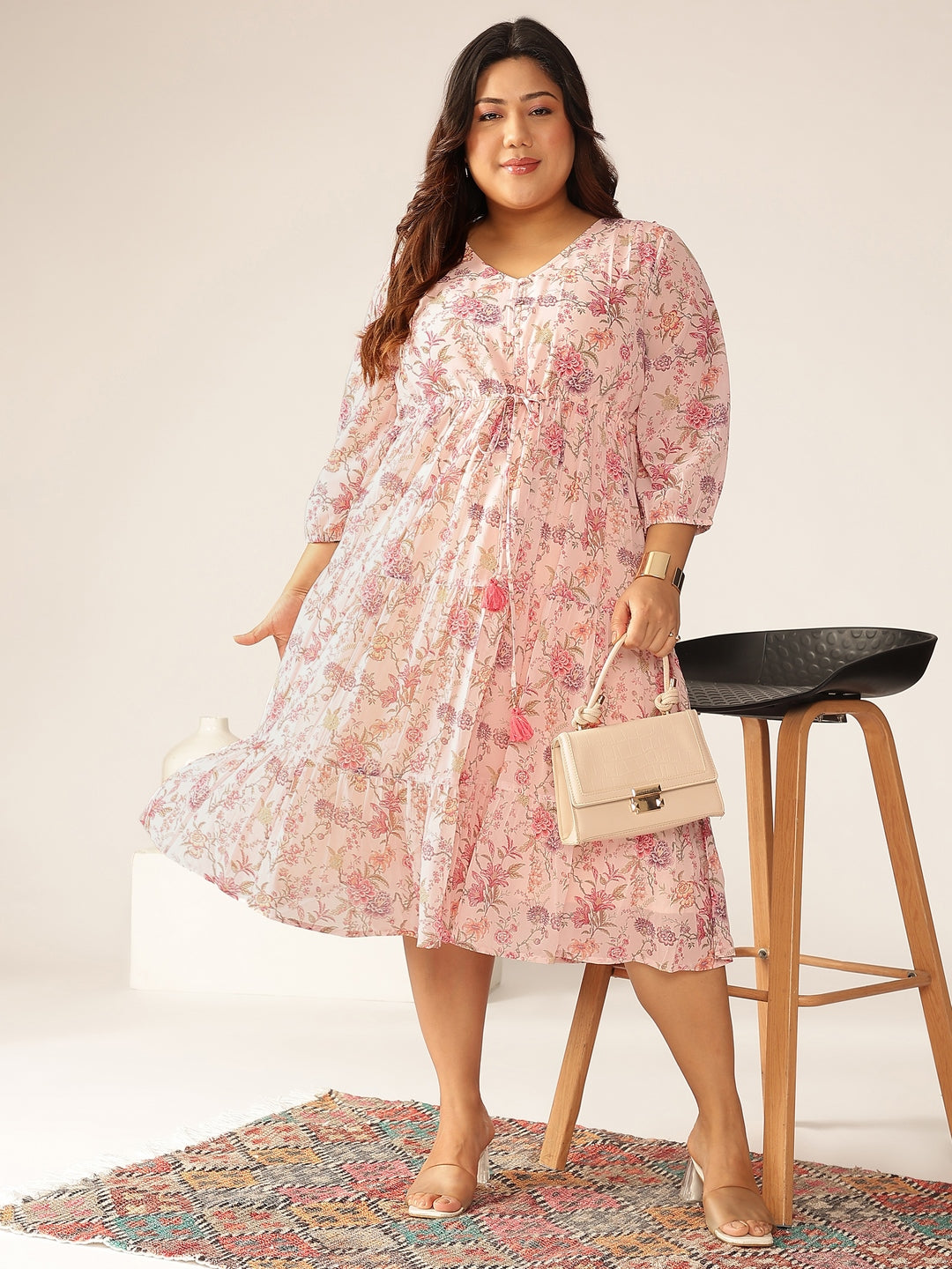 Plus Size Pink Georgette Floral Printed Tiered Dress - qivii