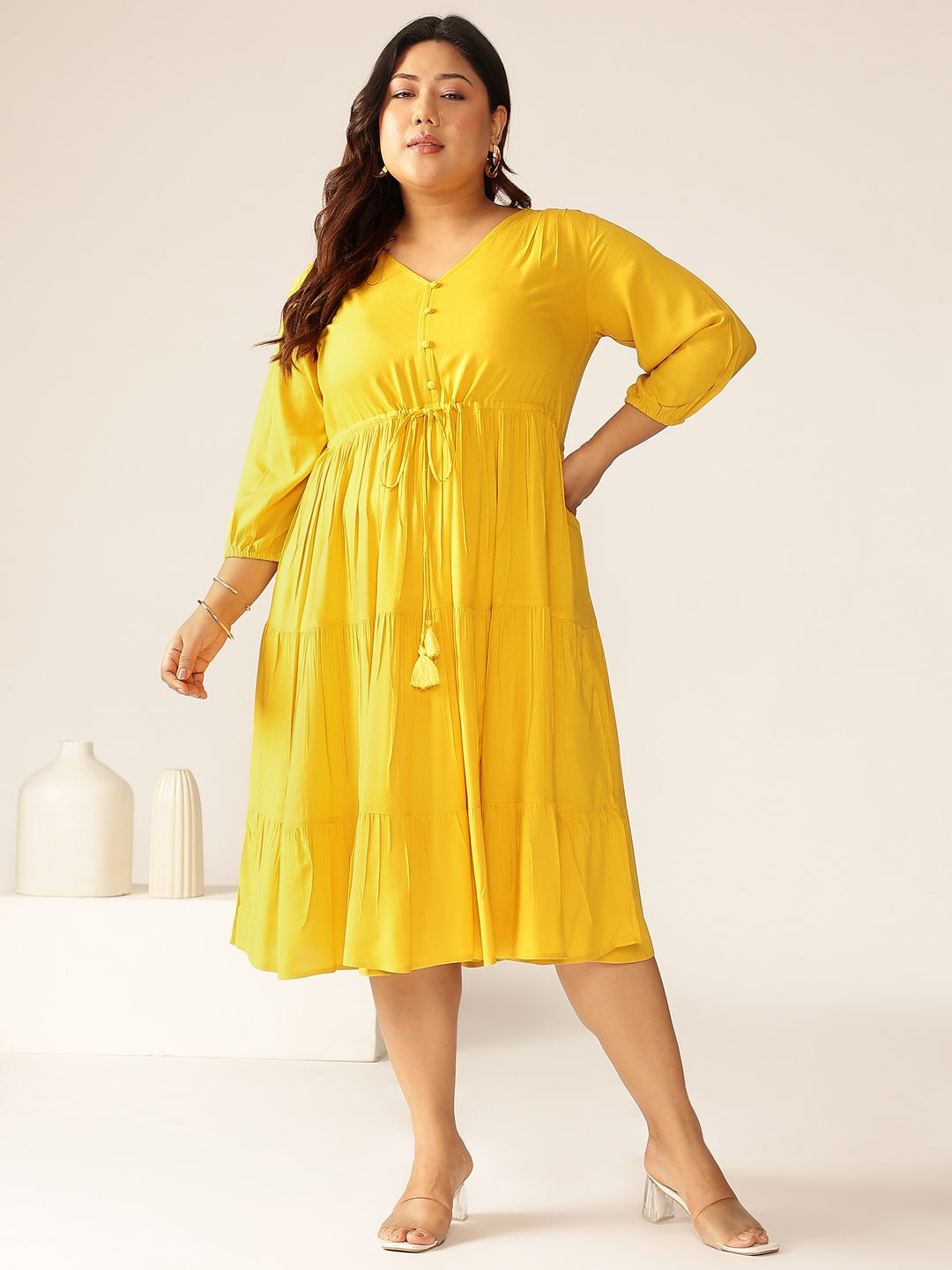 Plus Size Mustard Rayon Solid Tiered Dress - qivii