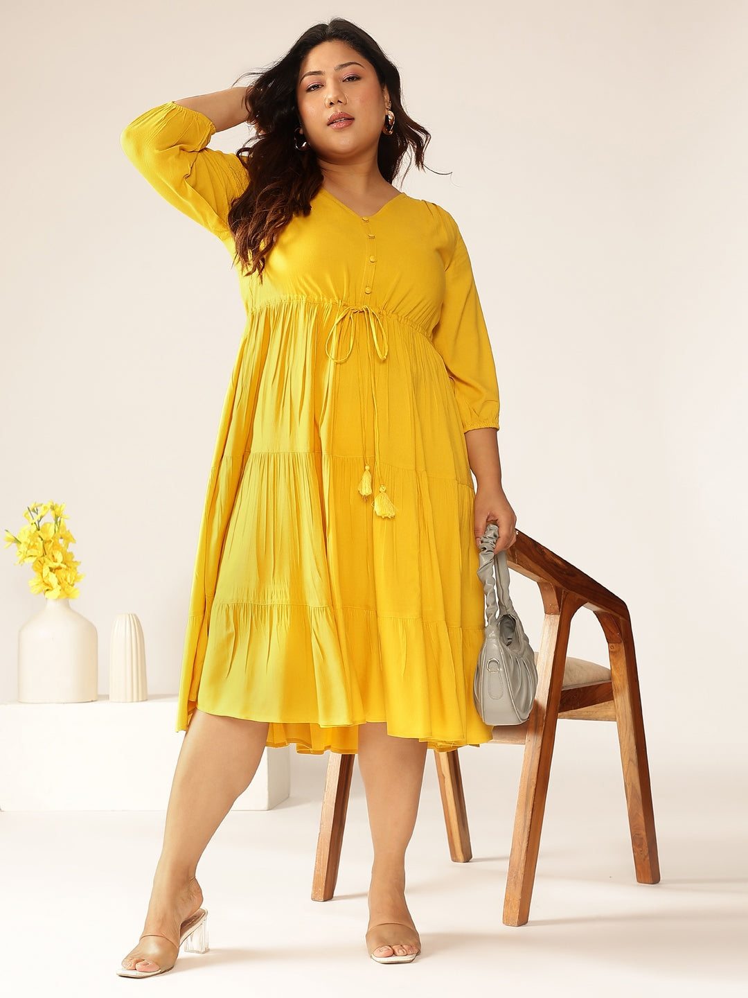 Plus Size Mustard Rayon Solid Tiered Dress - qivii