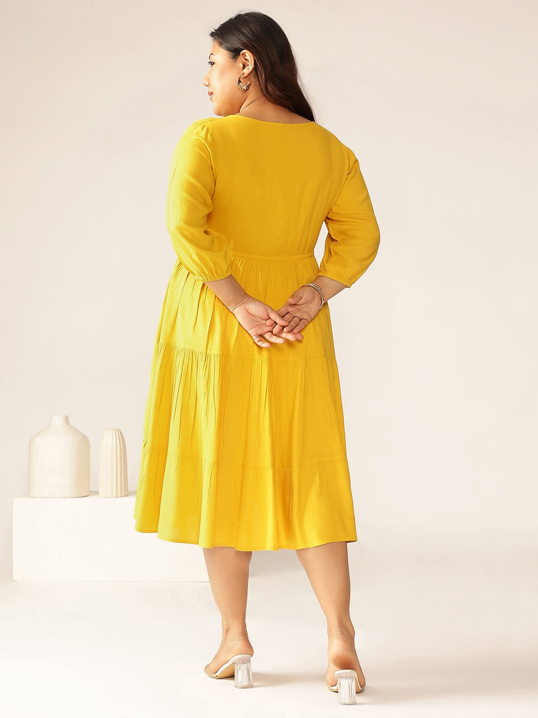 Plus Size Mustard Rayon Solid Tiered Dress - qivii