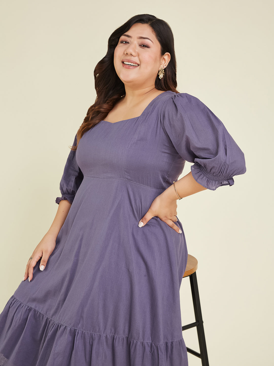 Janasya Women's Plus Size Purple Pure Cotton Solid A-line Dress - qivii