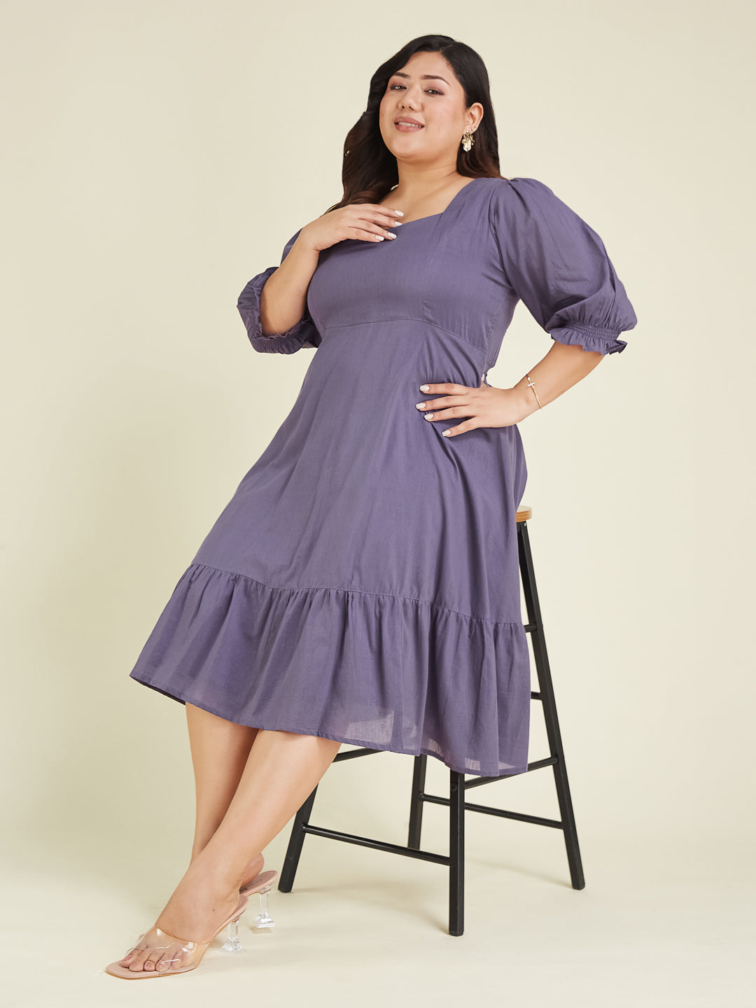 Janasya Women's Plus Size Purple Pure Cotton Solid A-line Dress - qivii