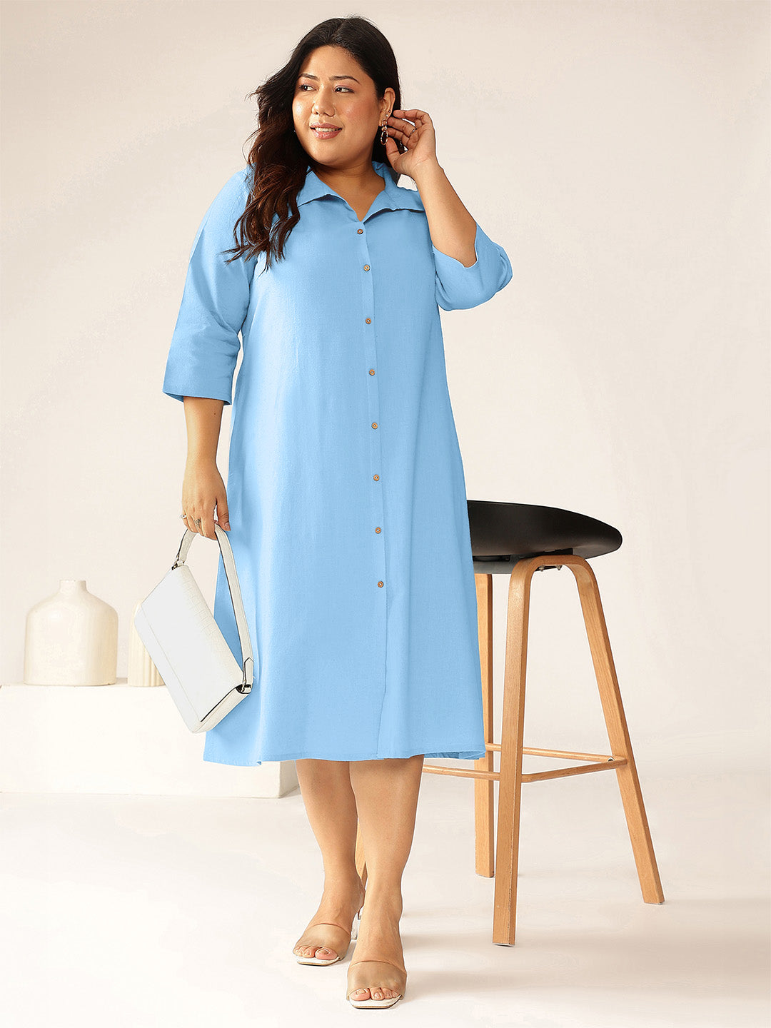 Plus Size Light Blue Cotton Solid Button Down Shirt Style A-line Dress - qivii