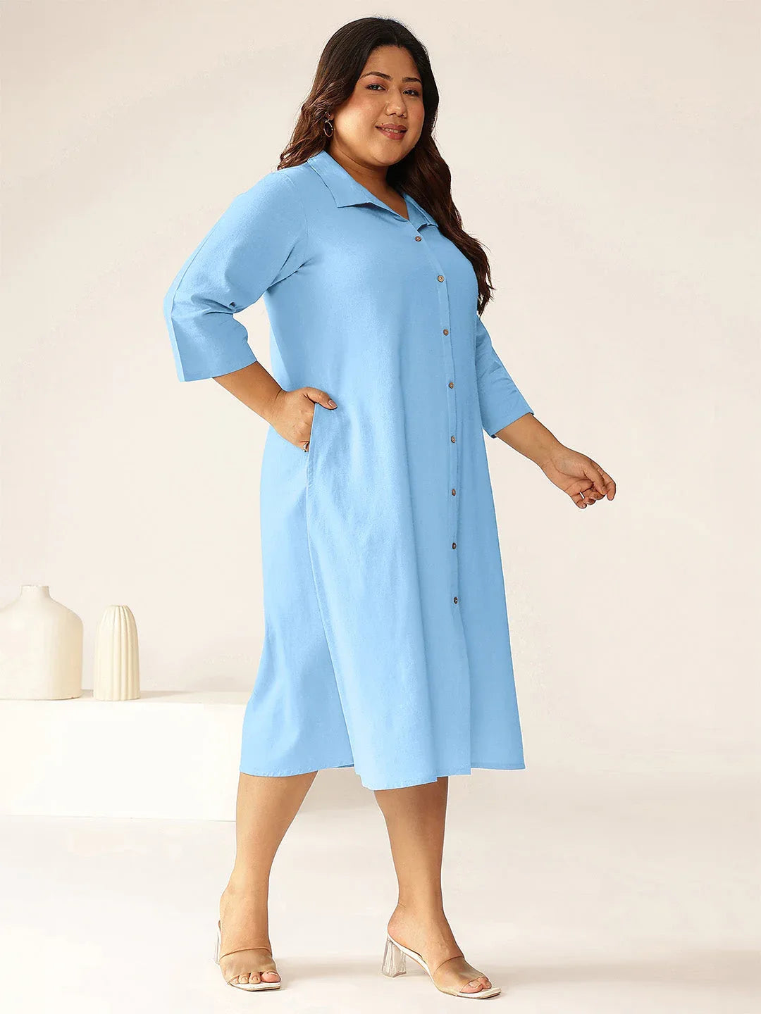 Plus Size Light Blue Cotton Solid Button Down Shirt Style A-line Dress