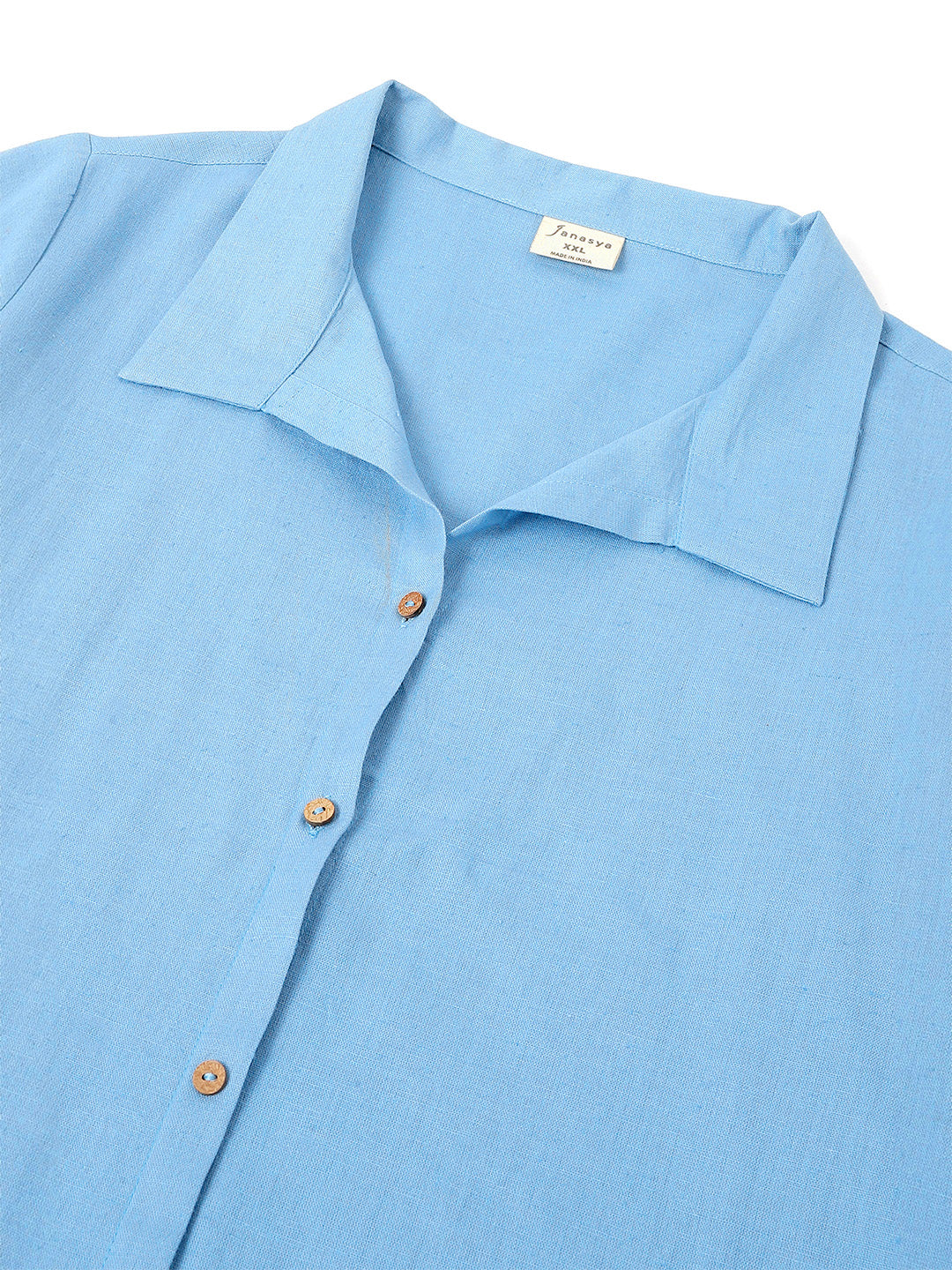 Plus Size Light Blue Cotton Solid Button Down Shirt Style A-line Dress - qivii