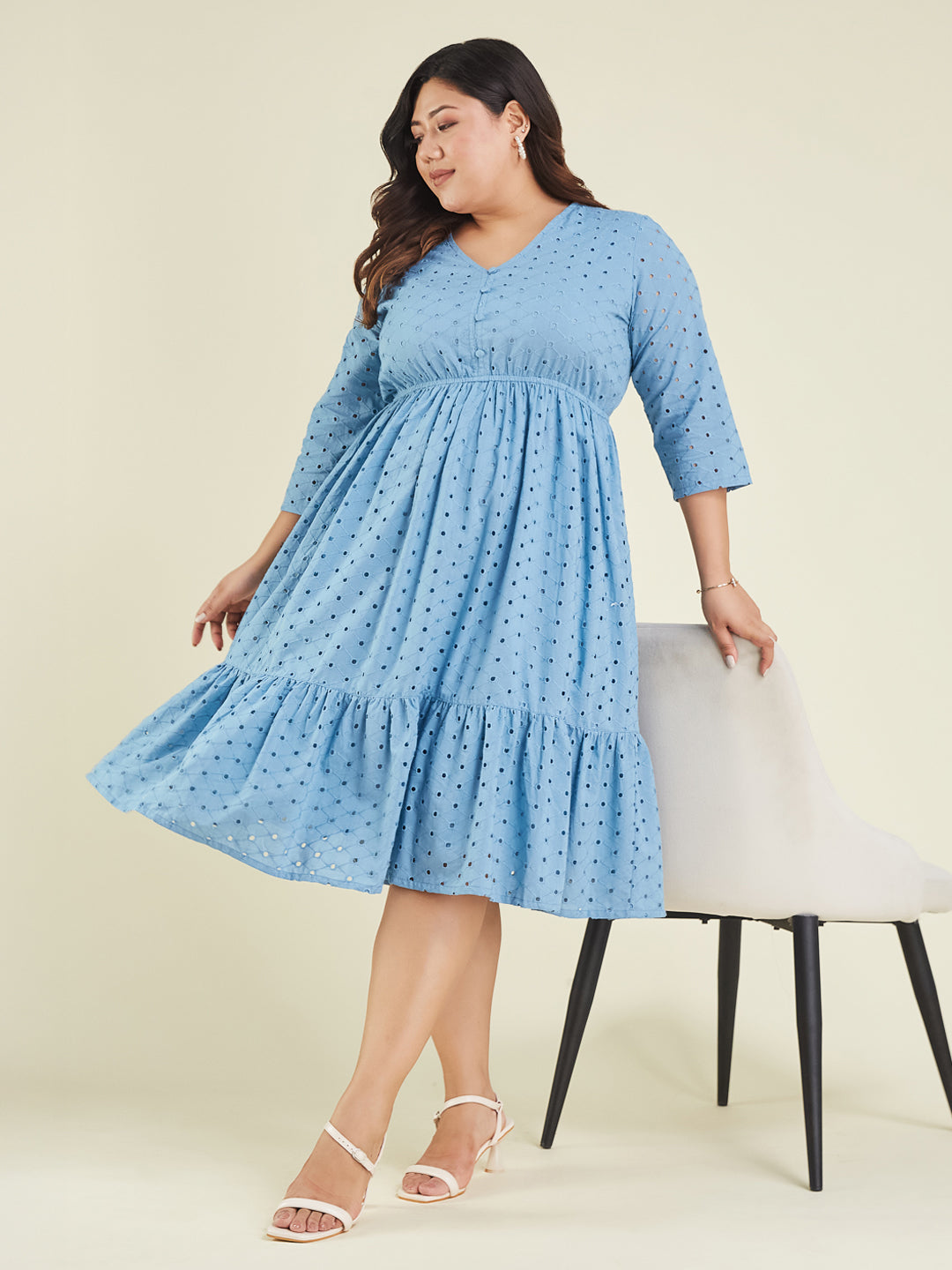 Janasya Women's Plus Size Light Blue Pure Cotton Schiffli Fit & Flare Dress - qivii