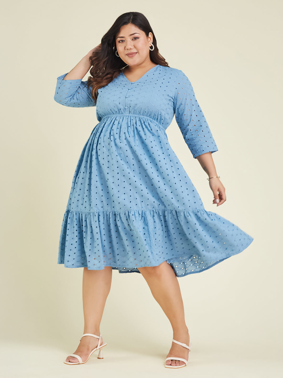 Janasya Women's Plus Size Light Blue Pure Cotton Schiffli Fit & Flare Dress - qivii