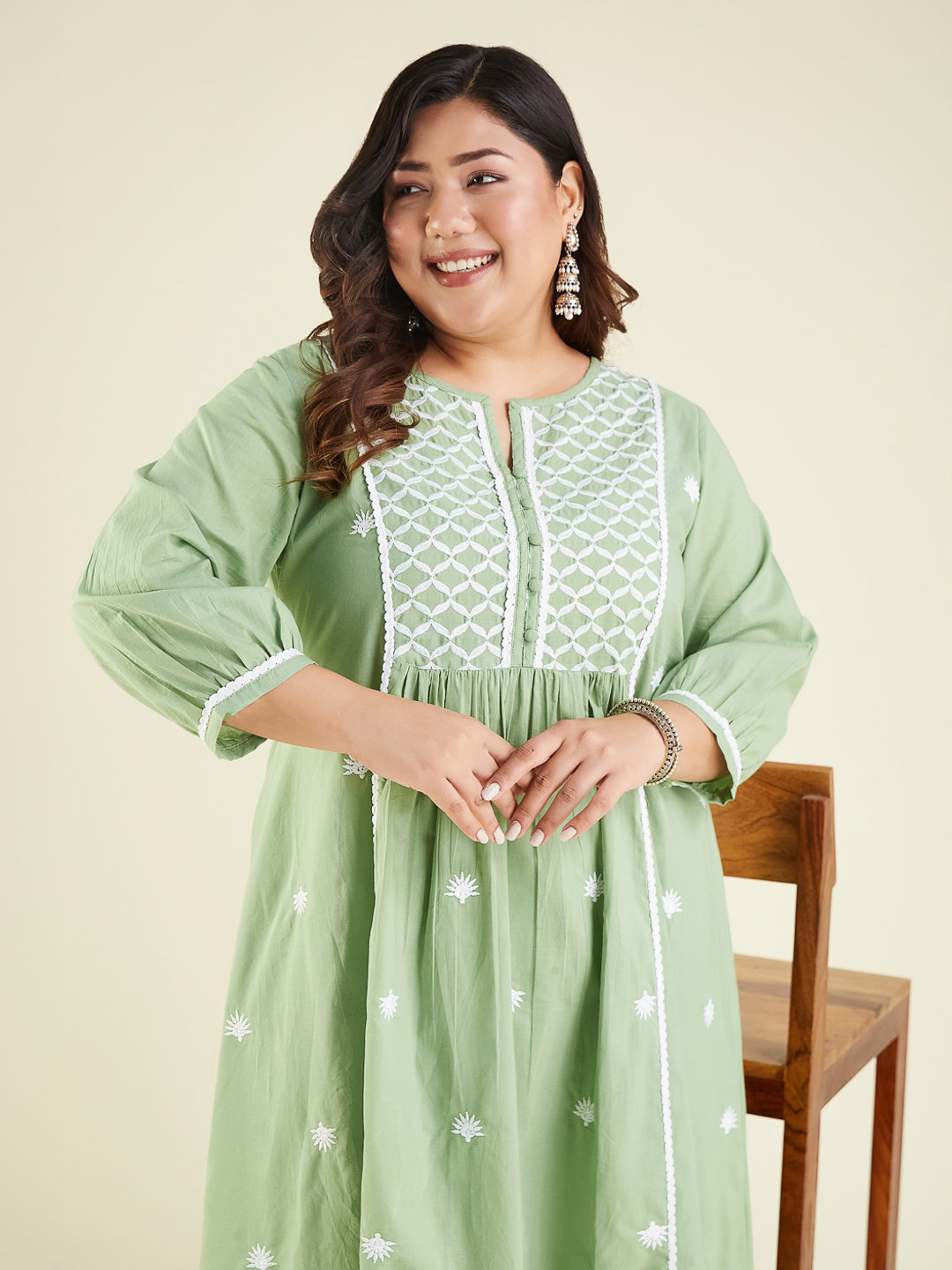 Janasya Women's Light Green Pure Cotton Embroidered A-line Kurta Set - qivii