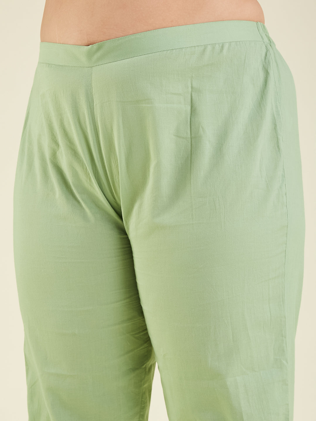 Janasya Women's Light Green Pure Cotton Embroidered A-line Kurta Set - qivii