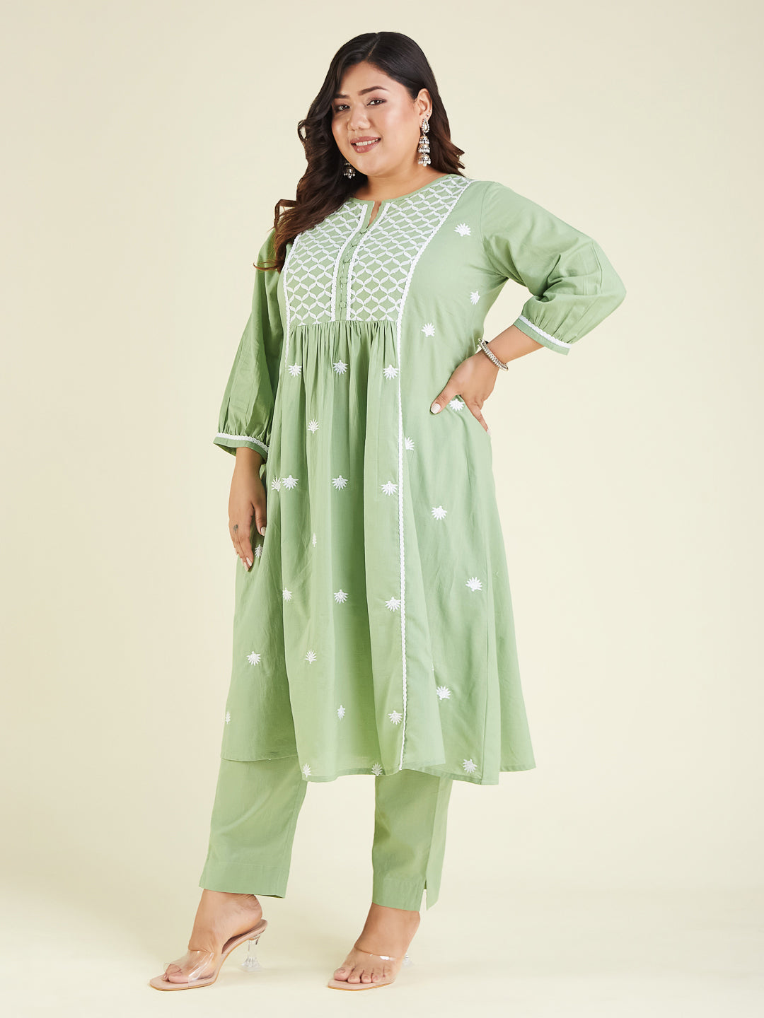 Janasya Women's Light Green Pure Cotton Embroidered A-line Kurta Set - qivii