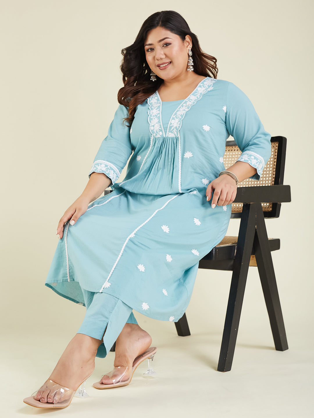 Janasya Women's Plus Size Light Blue Pure Cotton Embroidered A-line Kurta Pant Set - qivii