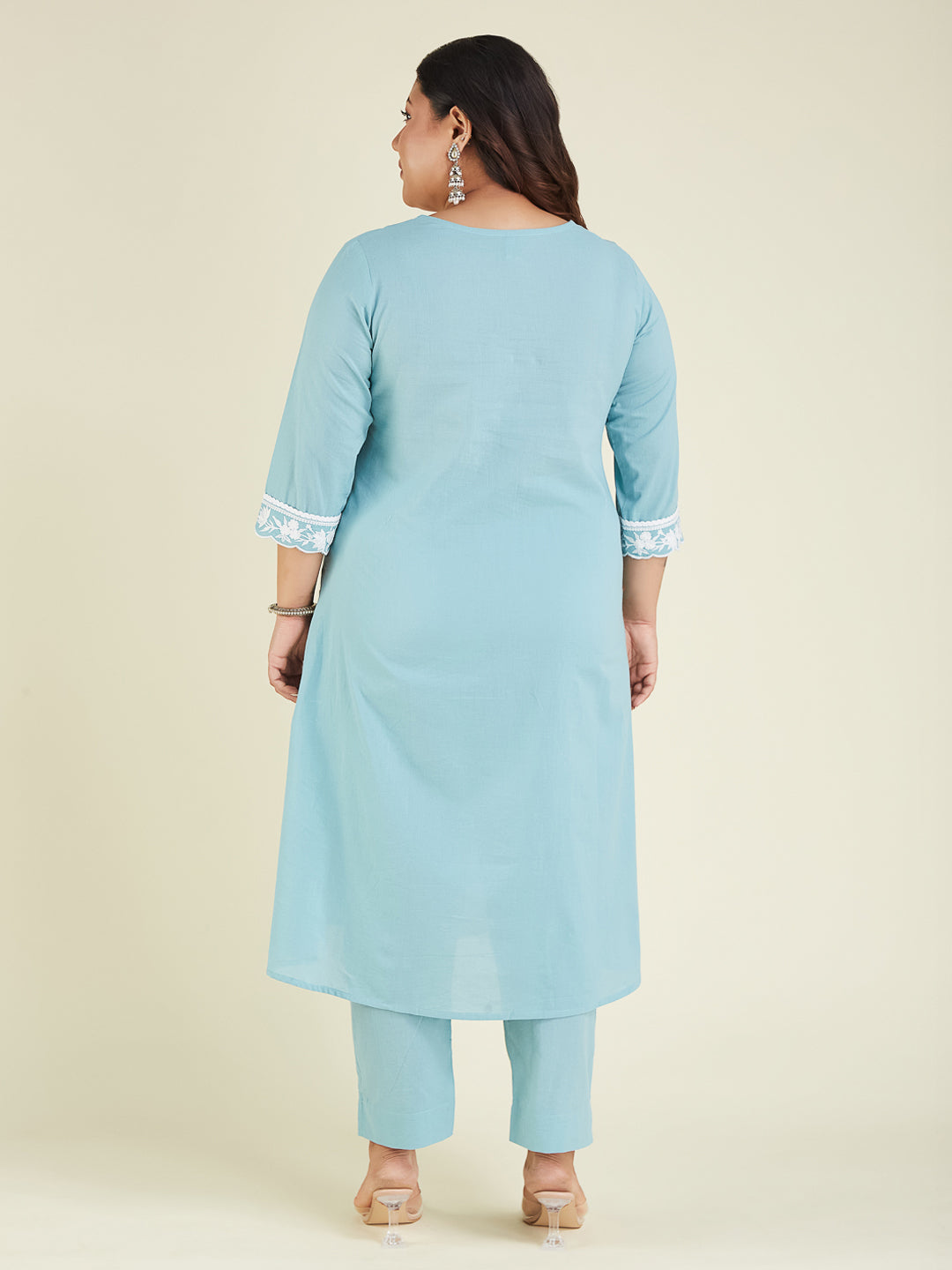 Janasya Women's Plus Size Light Blue Pure Cotton Embroidered A-line Kurta Pant Set - qivii