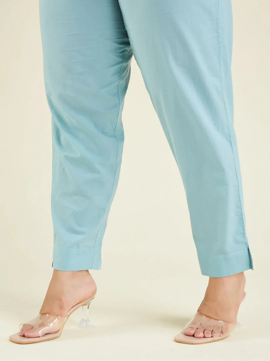 Janasya Women's Plus Size Light Blue Pure Cotton Embroidered A-line Kurta Pant Set