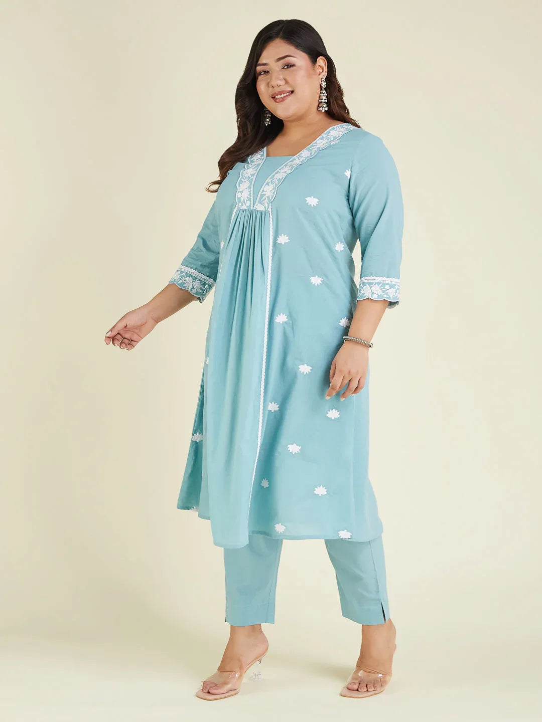 Janasya Women's Plus Size Light Blue Pure Cotton Embroidered A-line Kurta Pant Set