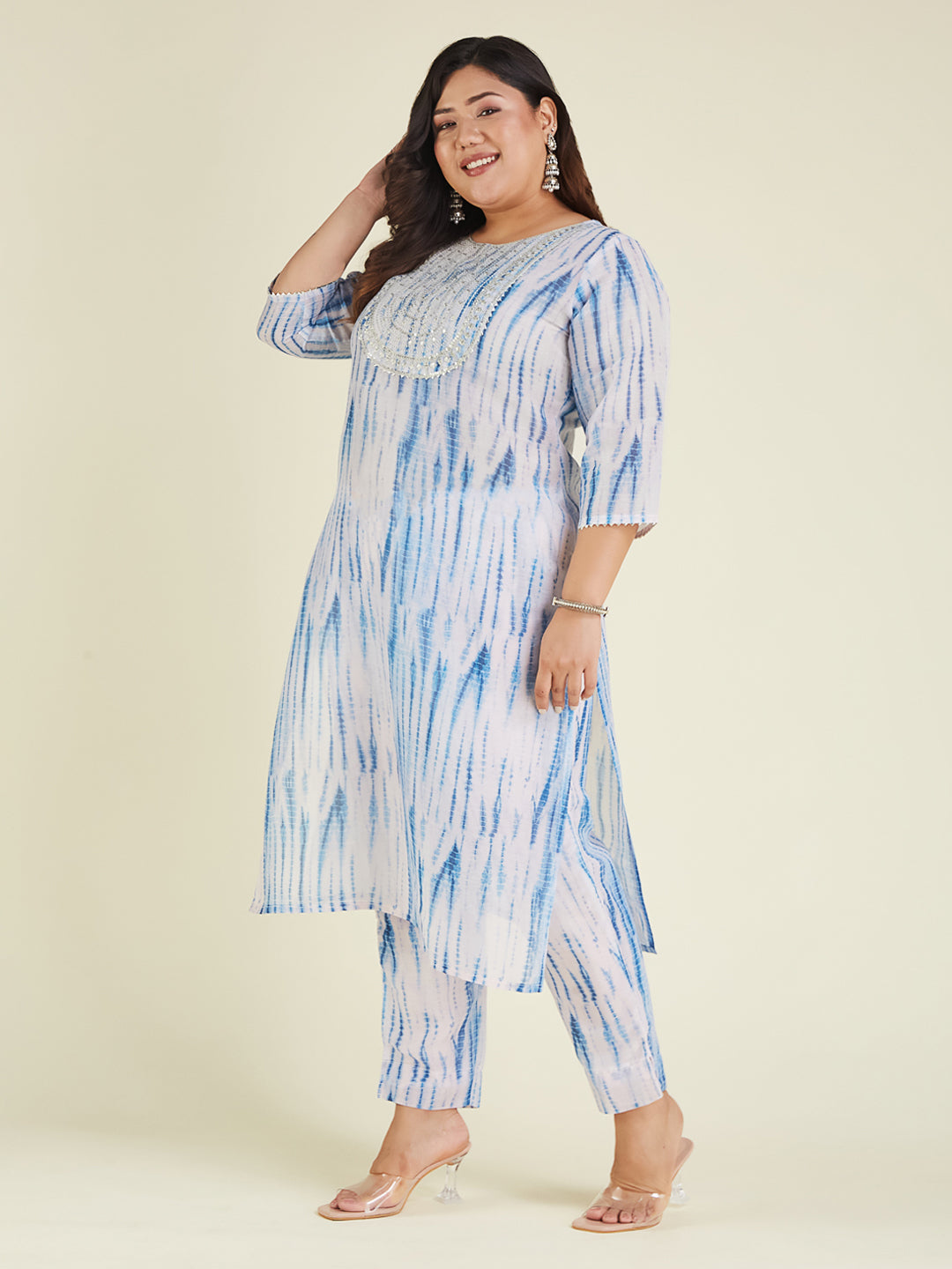 Janasya Women's Plus Size Blue Silk Blend Tie & Dye Yoke Embroidered Straight Kurta Pant Set - qivii
