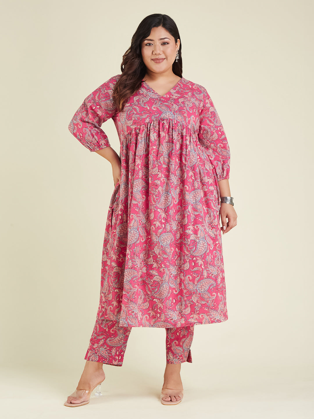 Janasya Women's Plus Size Pink Pure Cotton Floral Printed A-line Kurta Pant Set - qivii