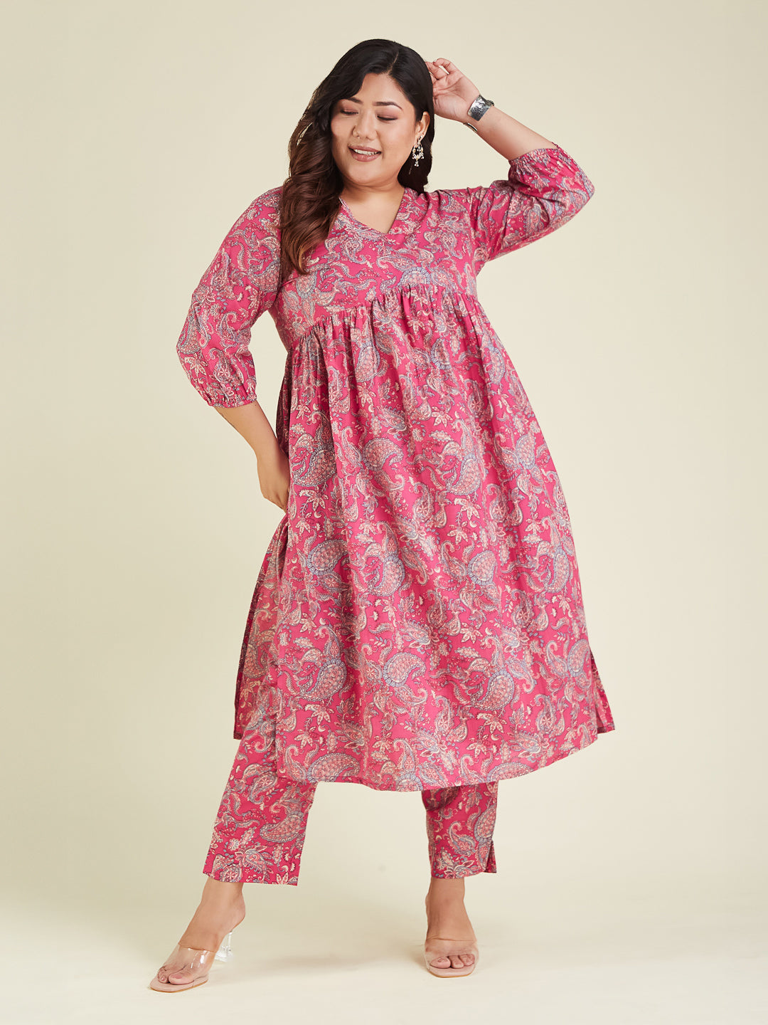 Janasya Women's Plus Size Pink Pure Cotton Floral Printed A-line Kurta Pant Set - qivii