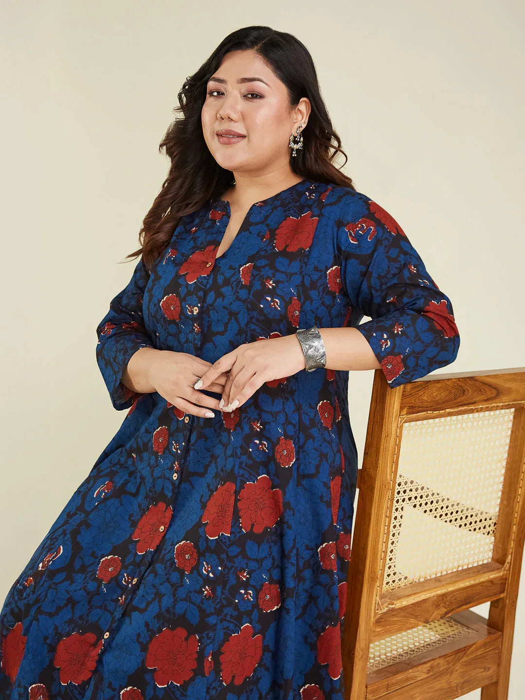 Janasya Women's Plus Size Navy Blue Pure Cotton Floral Printed A-line Kurta Pant Set