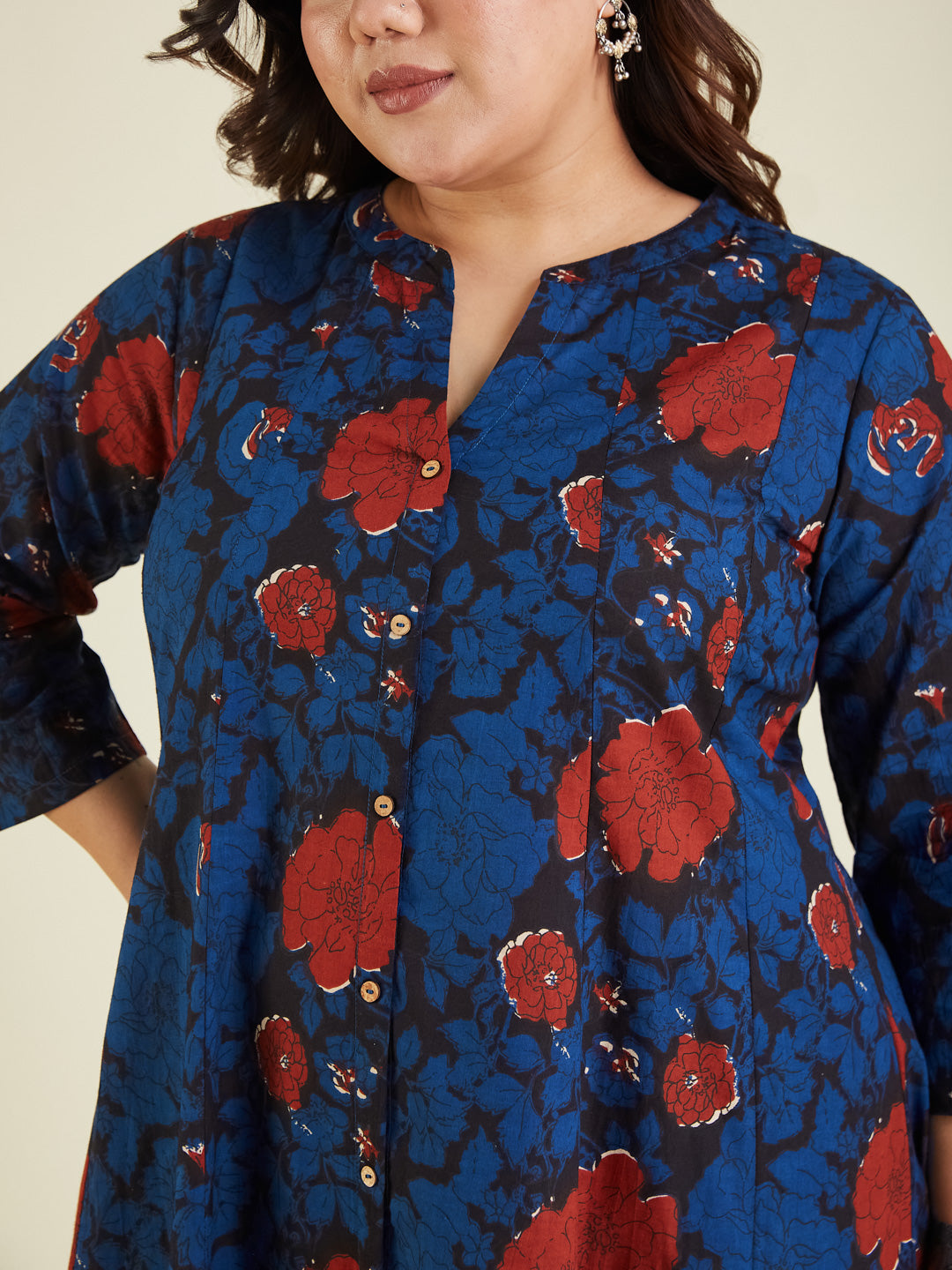 Janasya Women's Plus Size Navy Blue Pure Cotton Floral Printed A-line Kurta Pant Set - qivii
