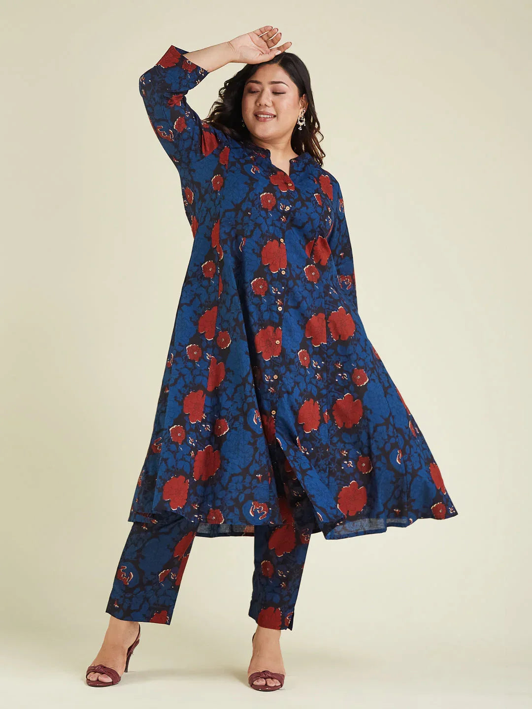 Janasya Women's Plus Size Navy Blue Pure Cotton Floral Printed A-line Kurta Pant Set
