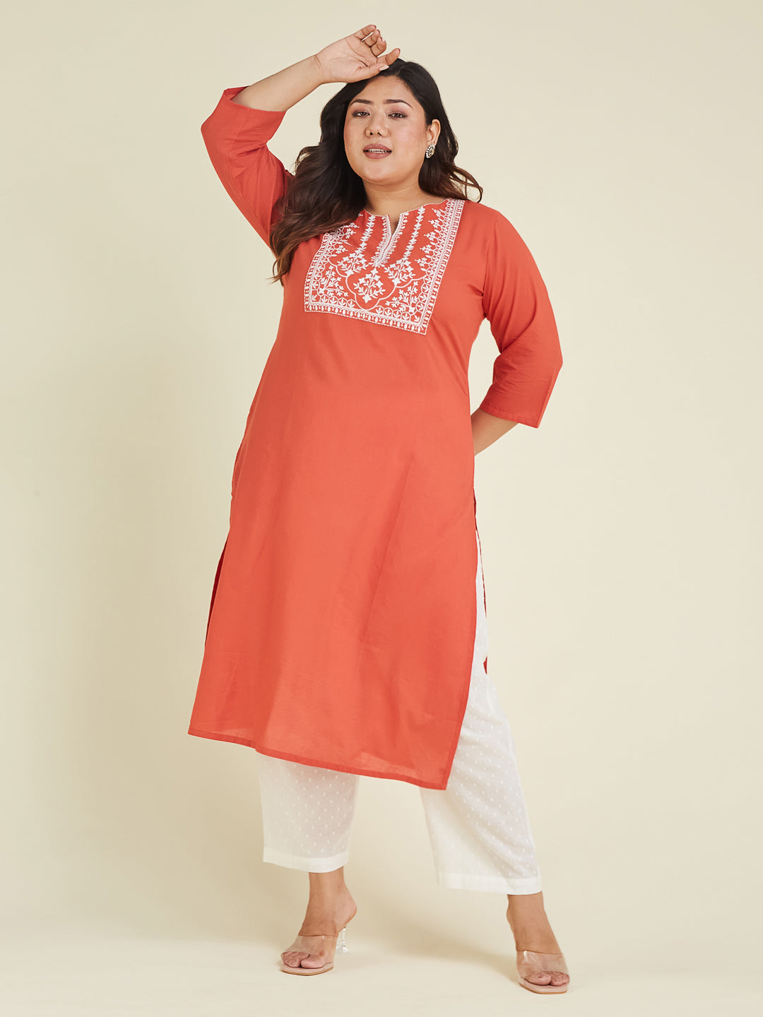 Janasya Women's Plus Size Rust Pure Cotton Yoke Embroidered Straight Kurta - qivii