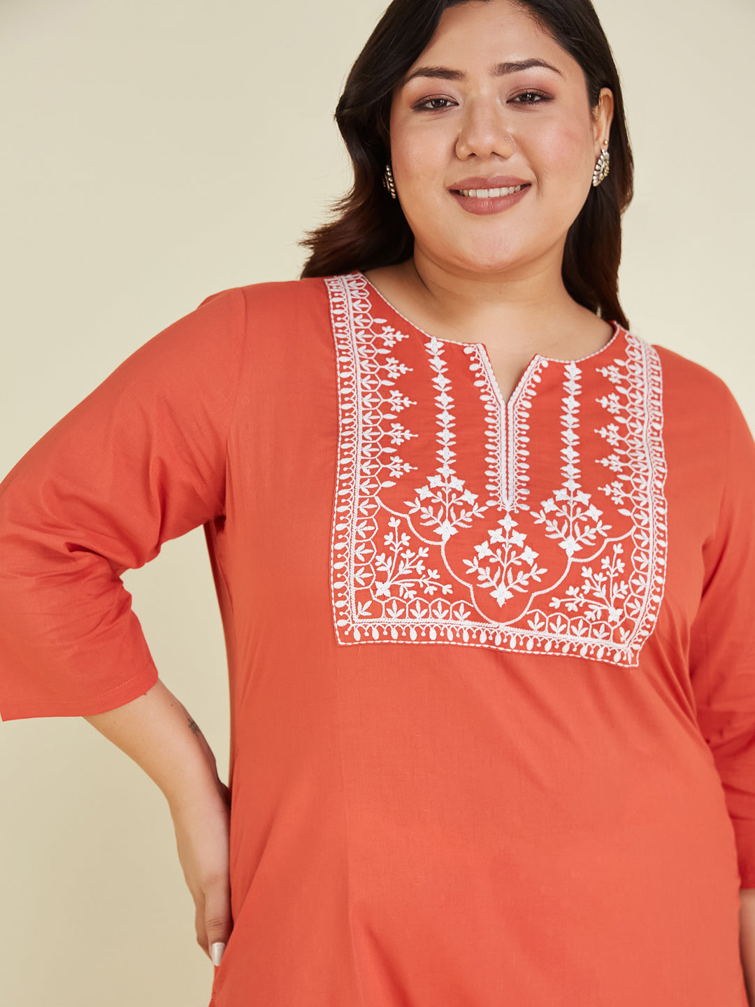 Janasya Women's Plus Size Rust Pure Cotton Yoke Embroidered Straight Kurta - qivii