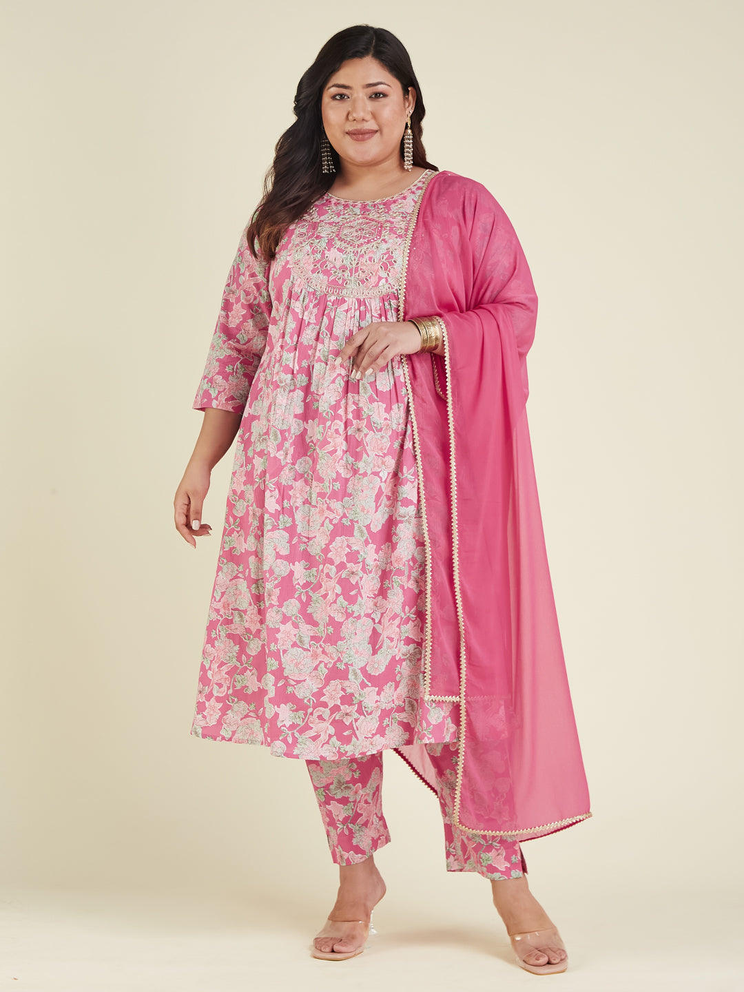Janasya Women's Plus Size Pink Pure Cotton Yoke Embroidered Floral Printed A-line Kurta Set - qivii