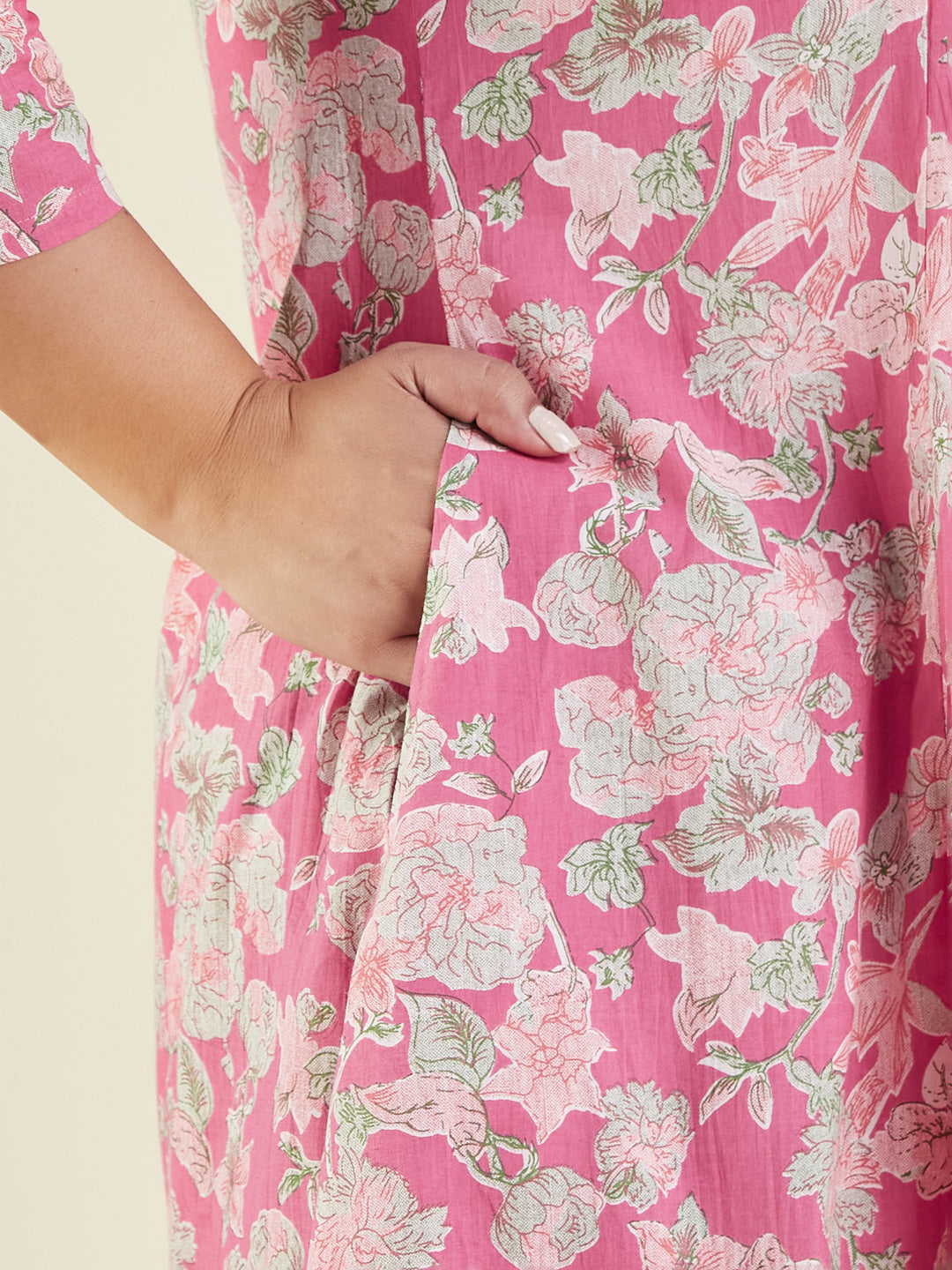 Janasya Women's Plus Size Pink Pure Cotton Yoke Embroidered Floral Printed A-line Kurta Set - qivii