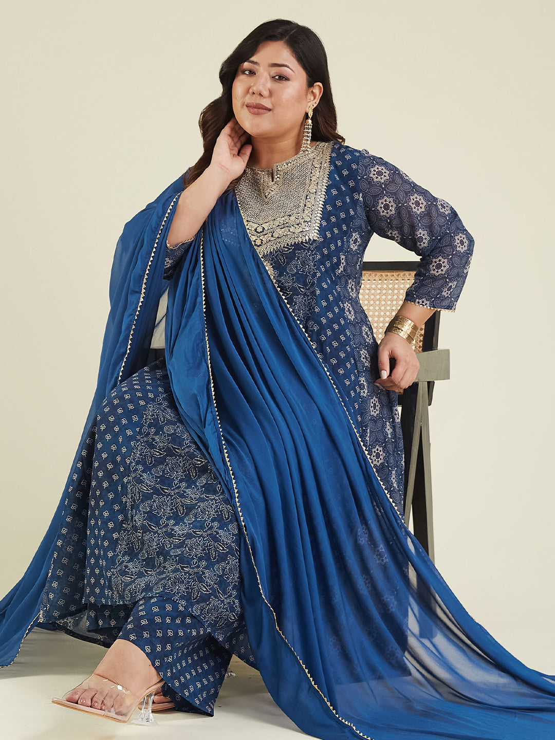 Janasya Women's Plus Size Dark Blue Georgette Ajrakh Printed Embellished Anarkali Kurta Set - qivii
