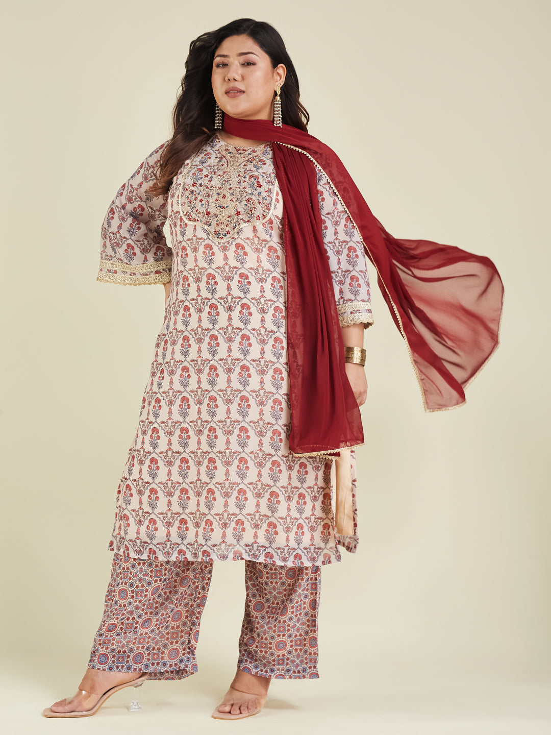 Janasya Women's Plus Size Cream & Maroon Georgette Embroidered Ajrakh Printed Straight Kurta Set - qivii