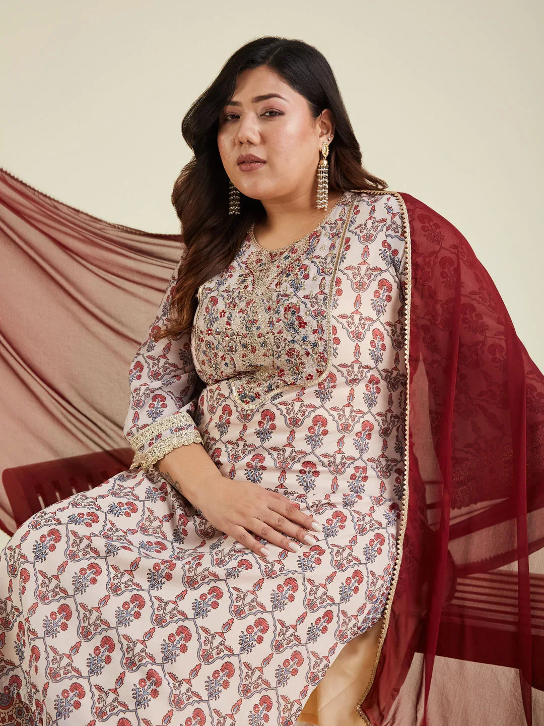Janasya Women's Plus Size Cream & Maroon Georgette Embroidered Ajrakh Printed Straight Kurta Set