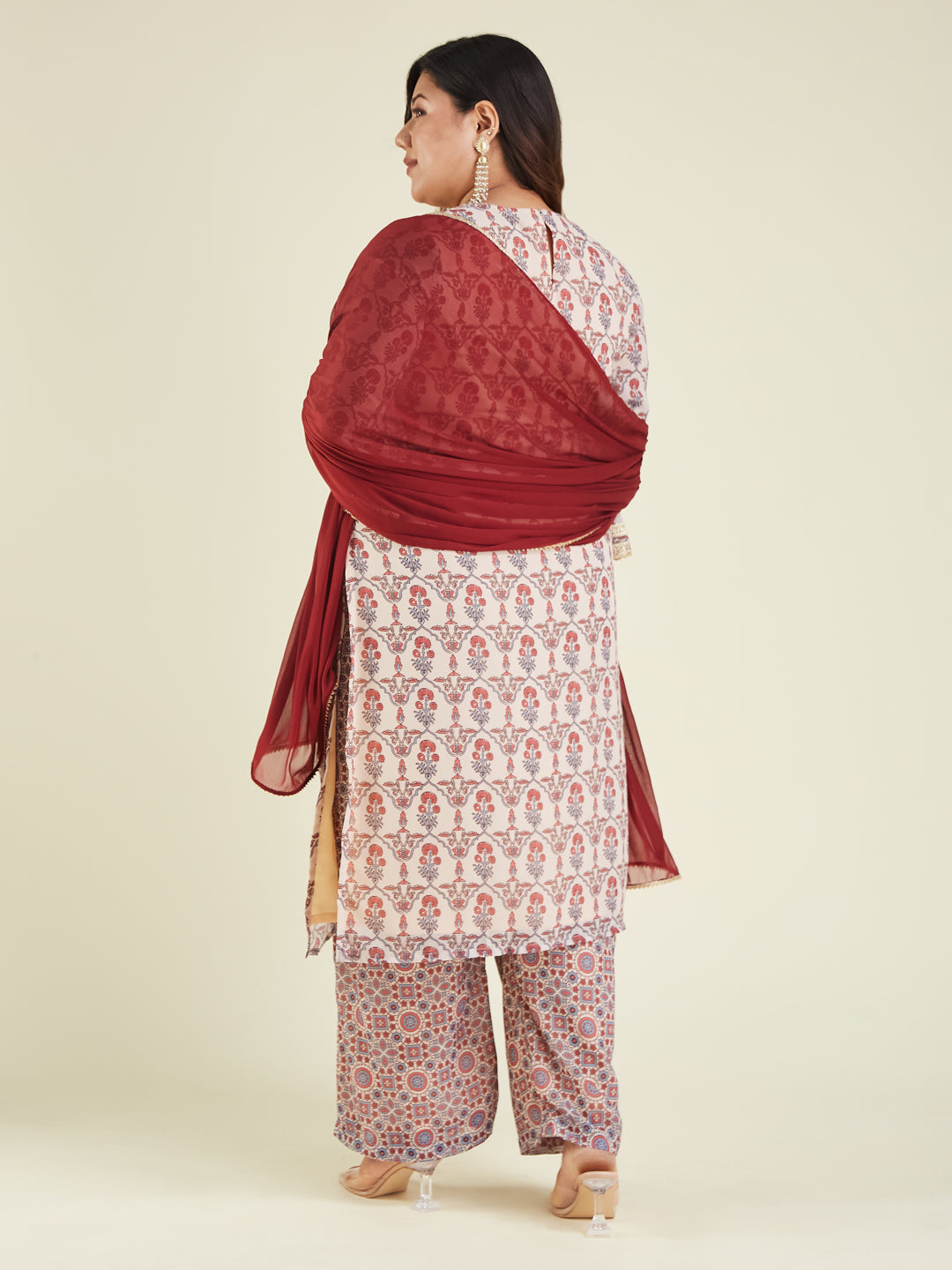 Janasya Women's Plus Size Cream & Maroon Georgette Embroidered Ajrakh Printed Straight Kurta Set - qivii