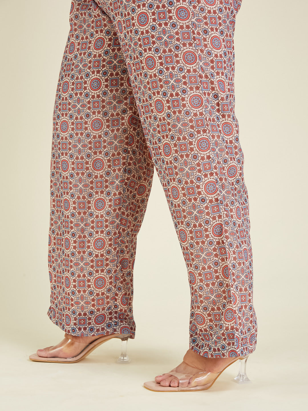 Janasya Women's Plus Size Cream & Maroon Georgette Embroidered Ajrakh Printed Straight Kurta Set - qivii